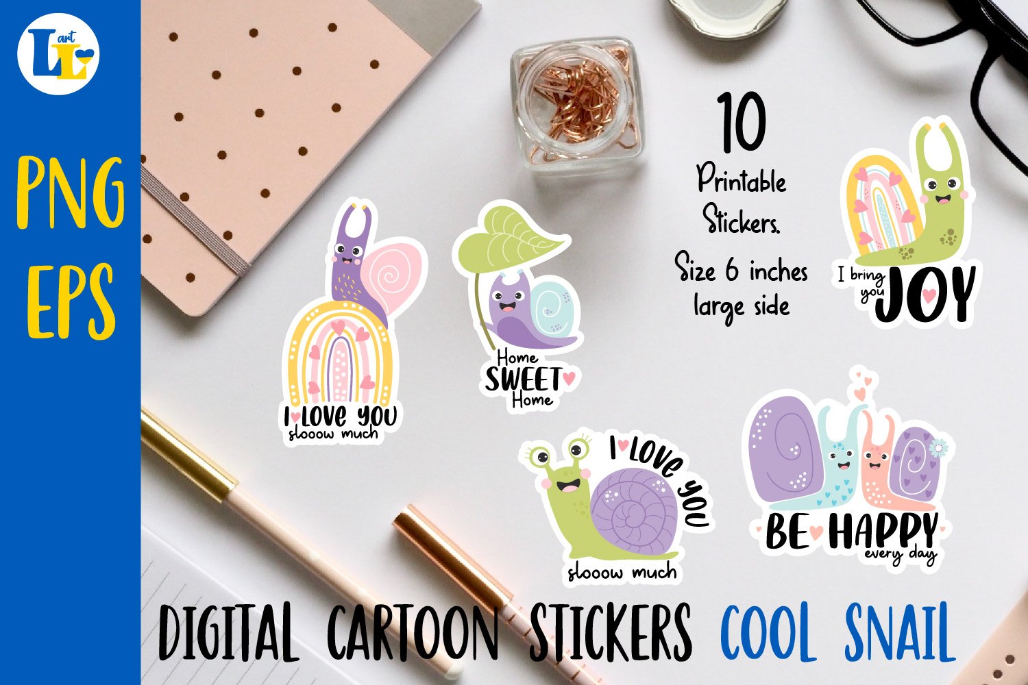 Cute snails and slogans | Printable digital stickers bundle 2