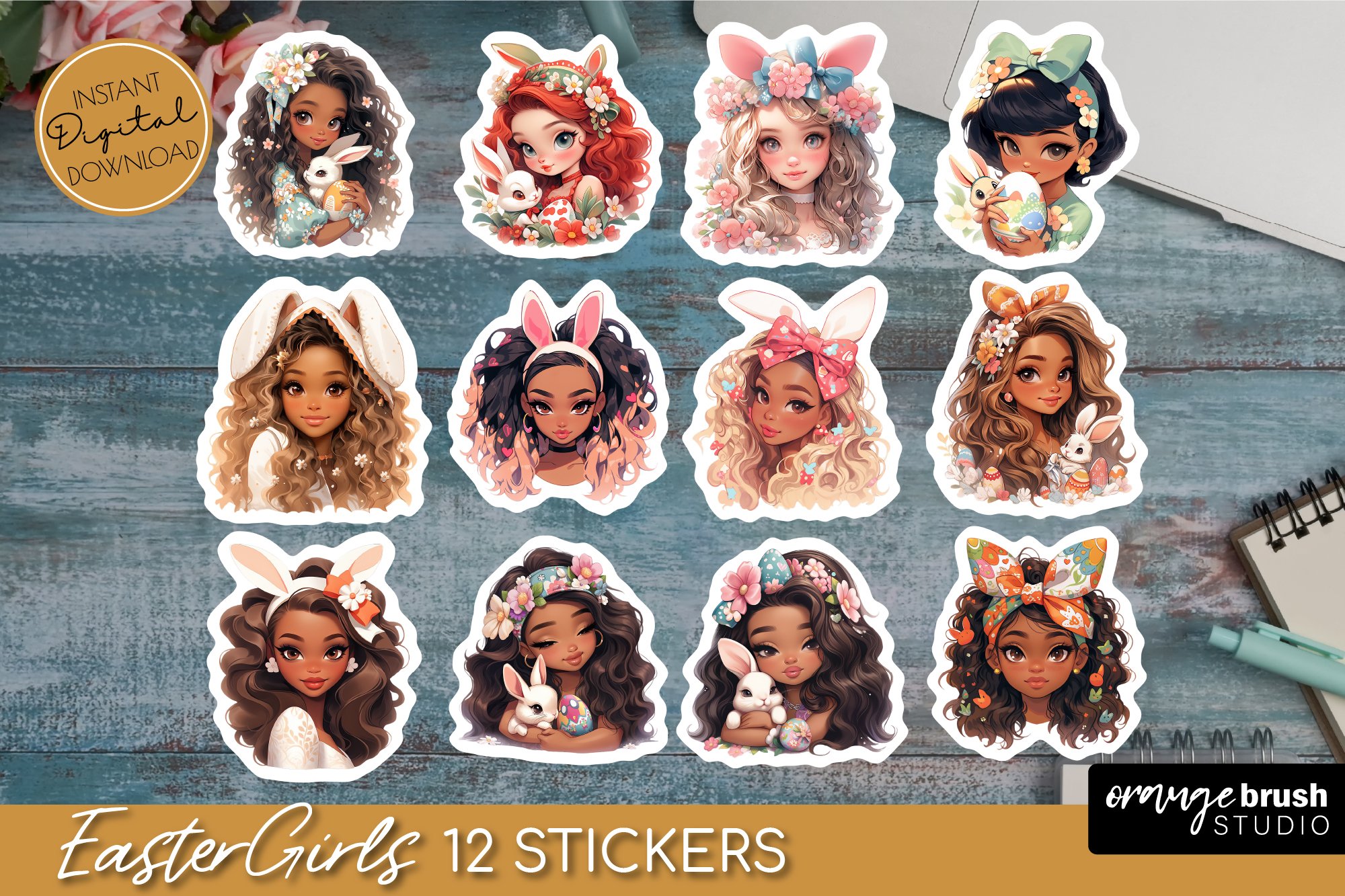 Easter Printable Stickers, Easter Bunny Girl Stickers Bundle