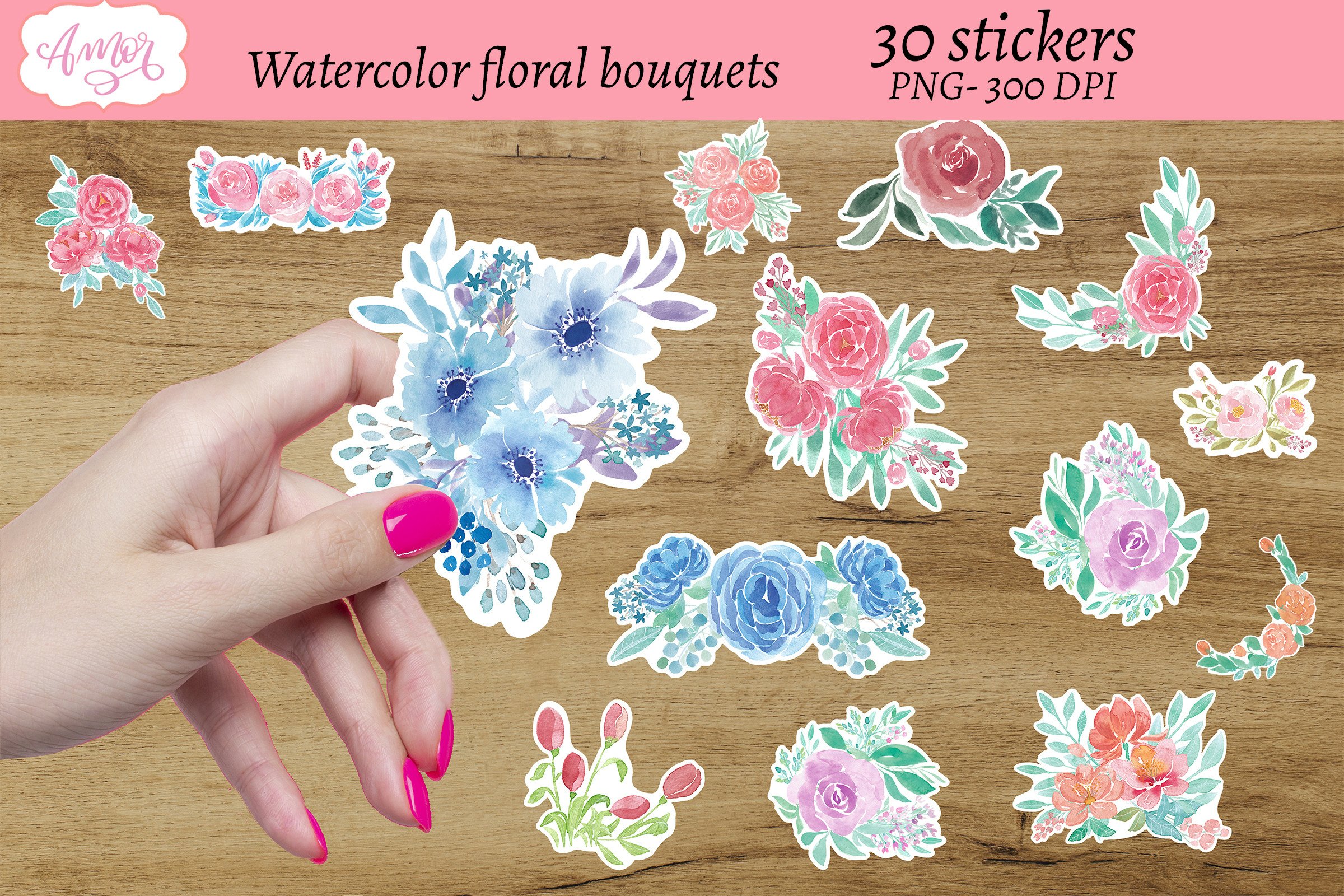 Floral Printable scrapbook stickers, 30 PNG bundle