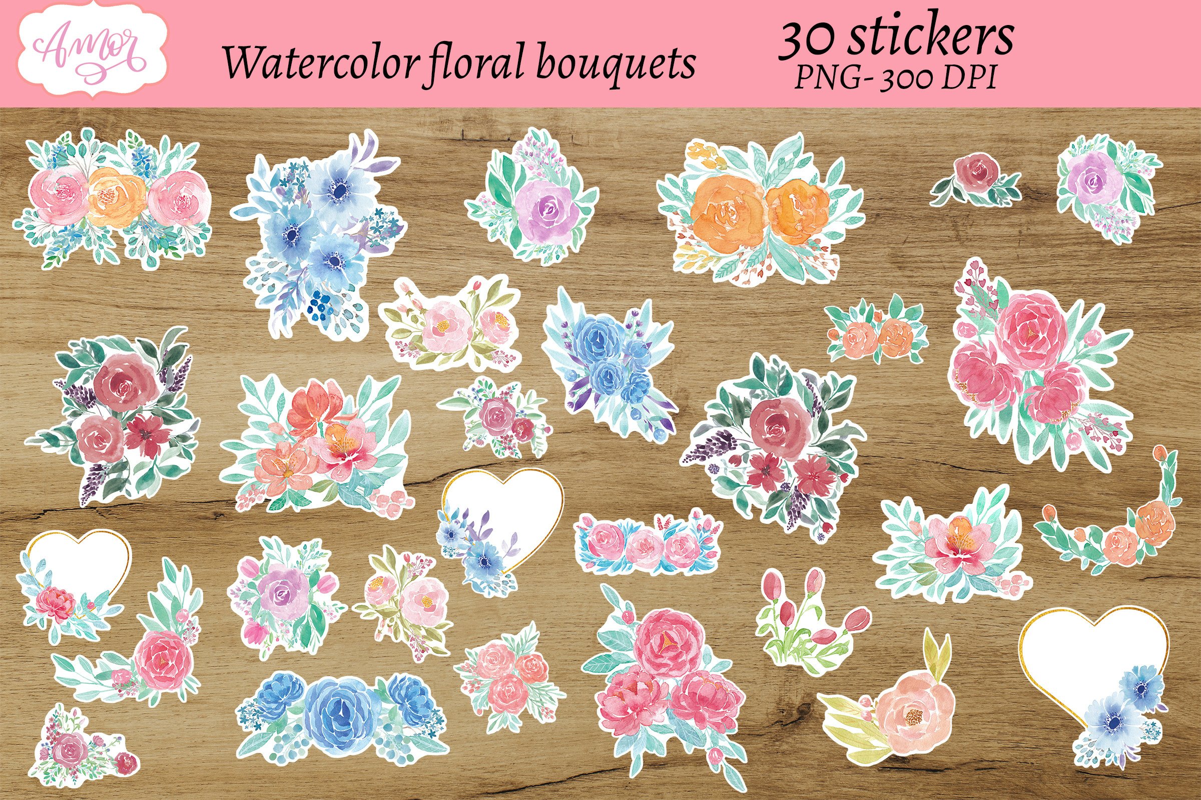 Floral Printable scrapbook stickers, 30 PNG bundle 2