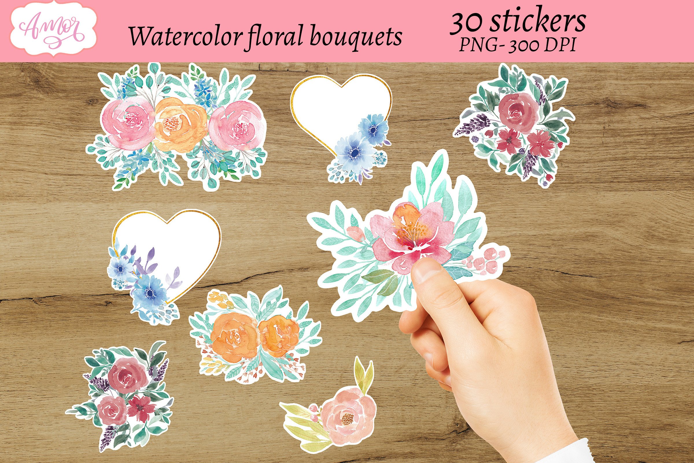 Floral Printable scrapbook stickers, 30 PNG bundle 3