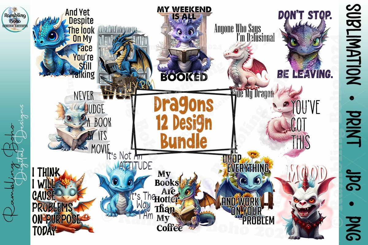 Funny Dragon 12 Design Bundle Sublimation