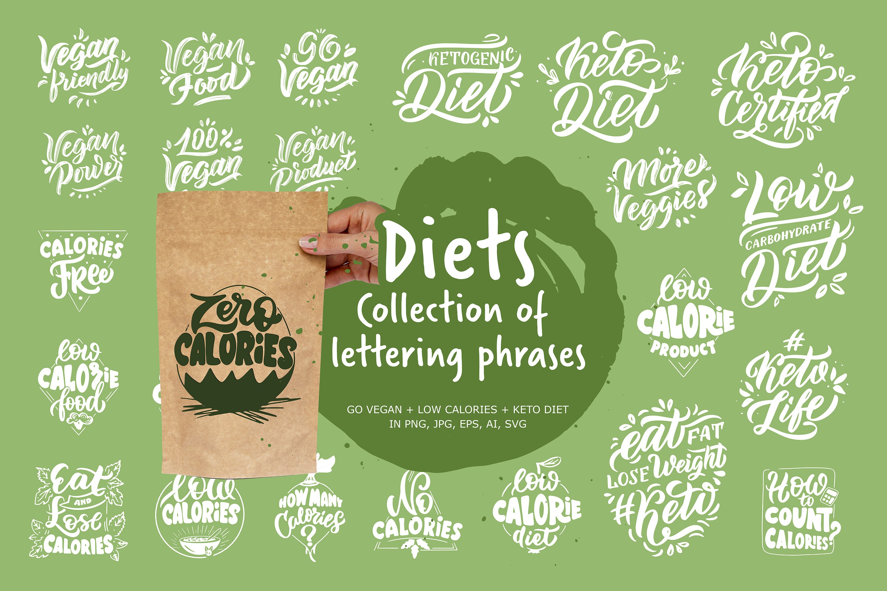 Diets. Set of lettering phrases