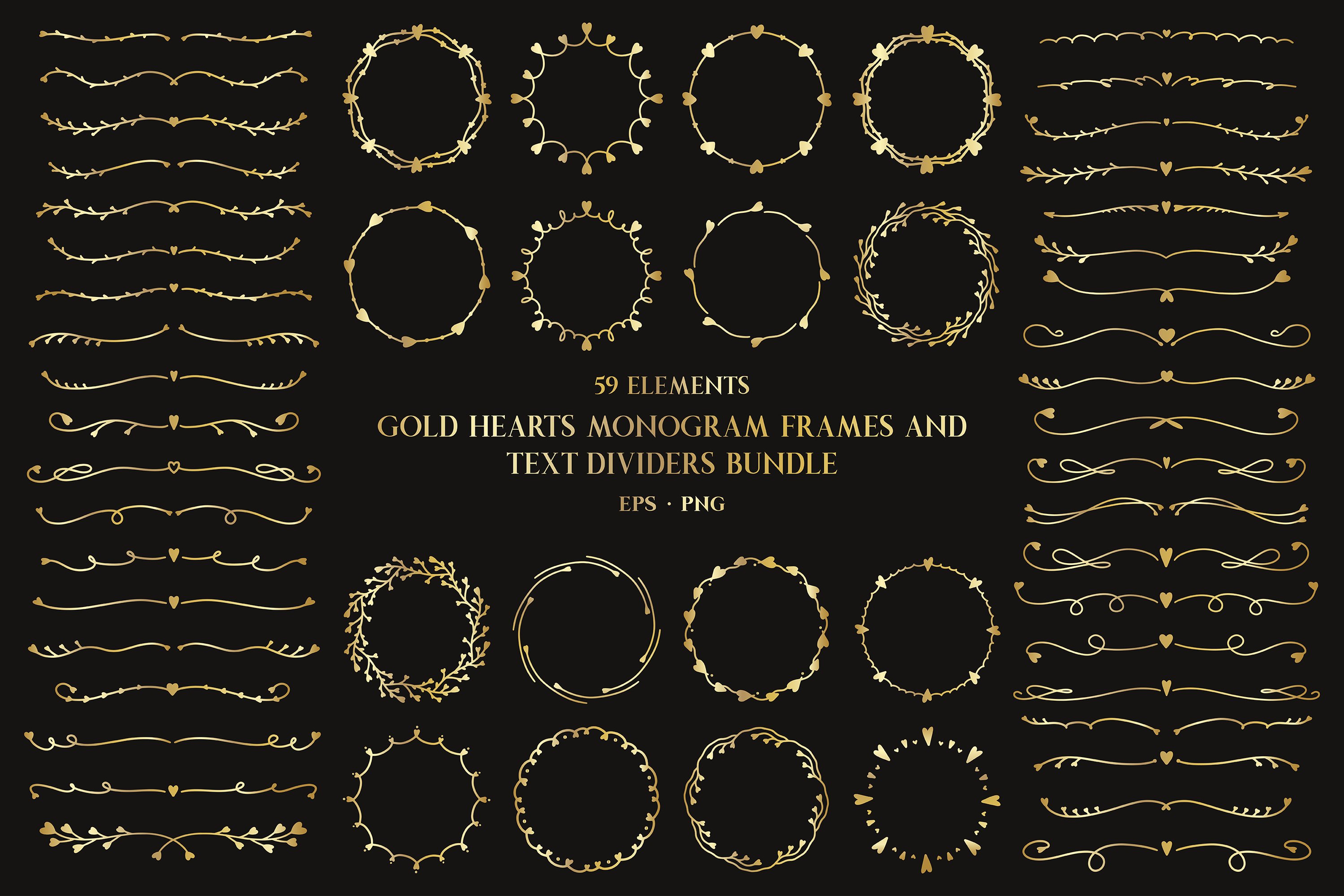 Gold hearts monogram frames and text dividers bundle