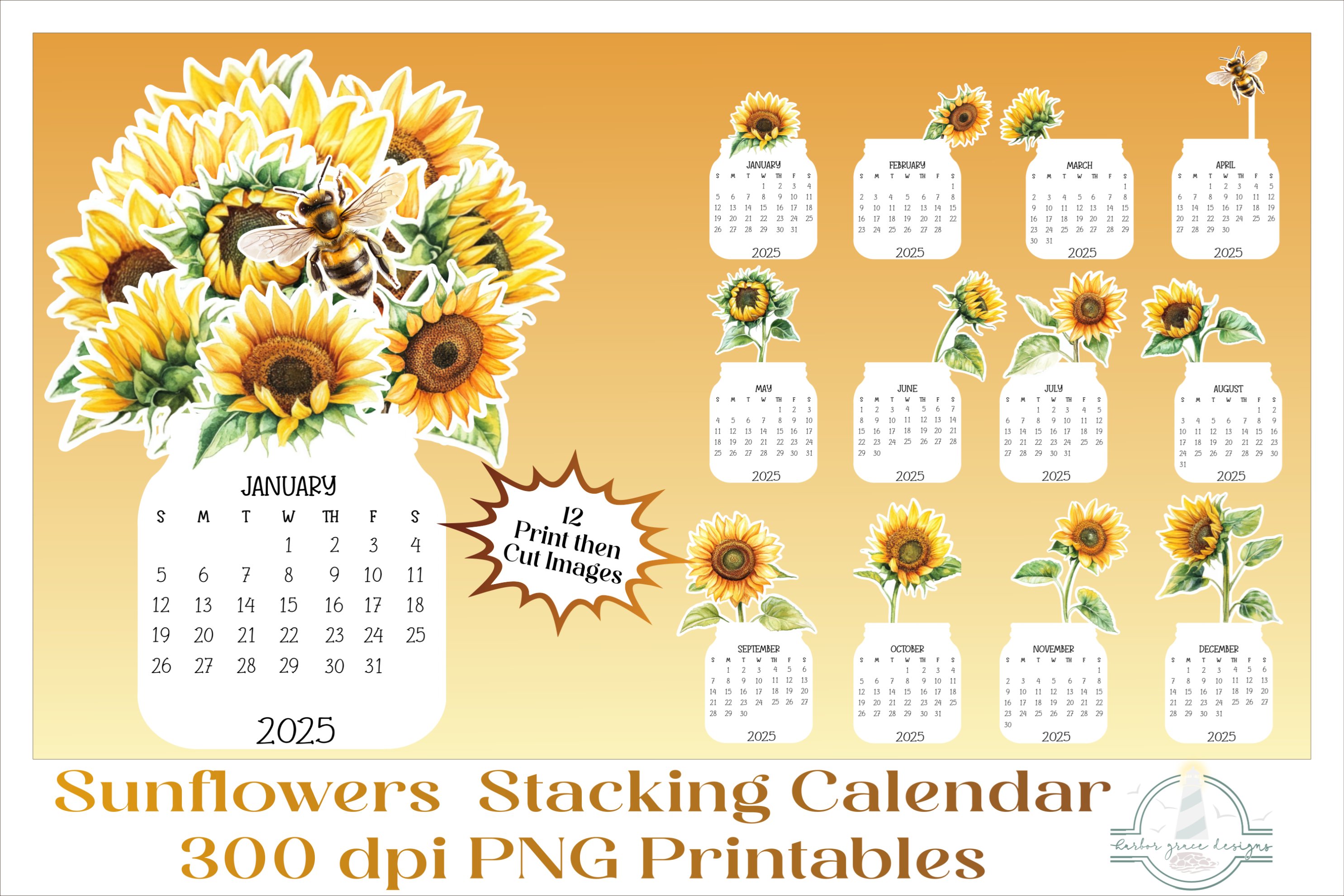 2025 Sunflowers Calendar Desktop PNG, Print Then Cut files
