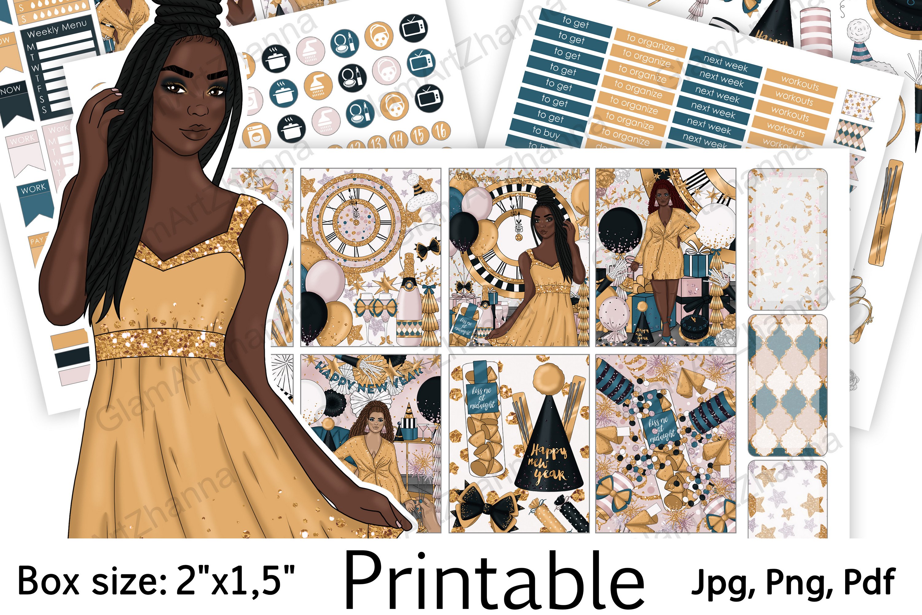 Happy New Year! African American Stickers Box Size 2"x1,5"