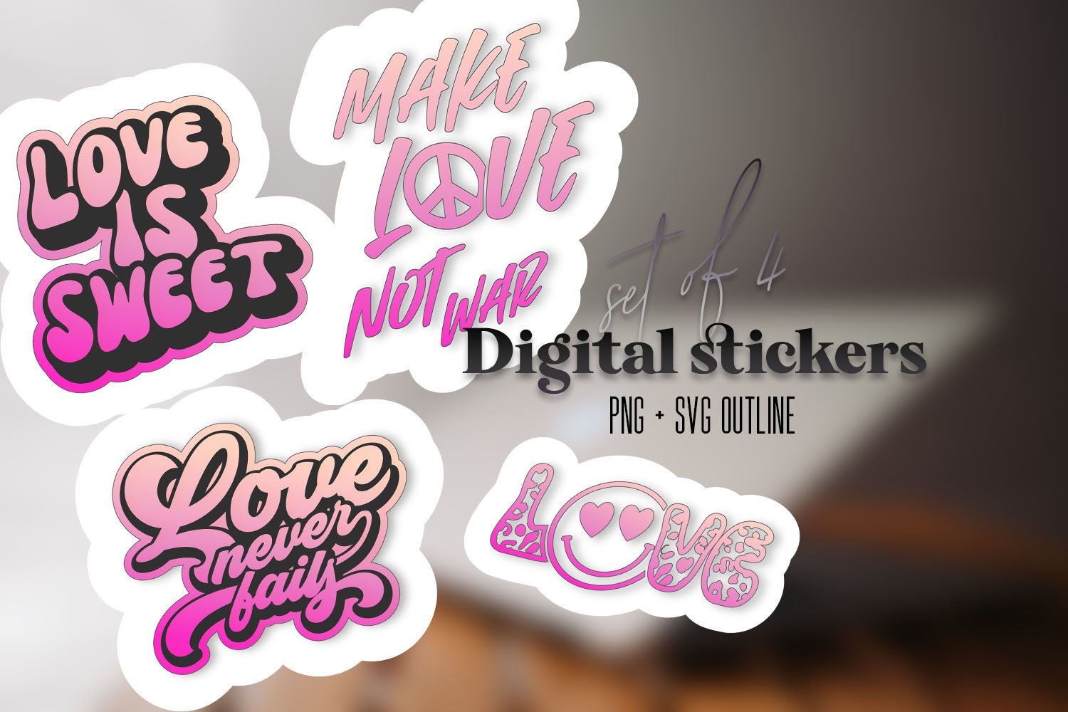 Set of 4 digital stickers - PNG and SVG - love retro pink