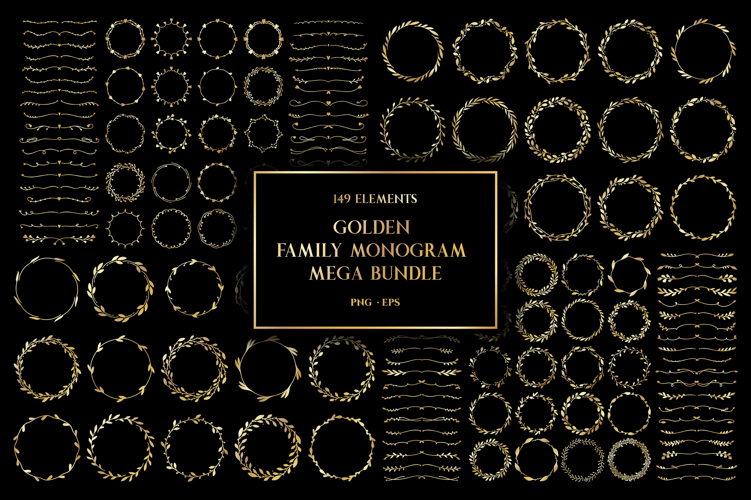 Golden family monogram mega bundle PNG. Round signs PNG