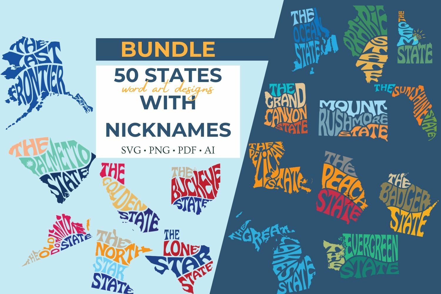 50 States Nickname Cut Files | USA Word Art Bundle