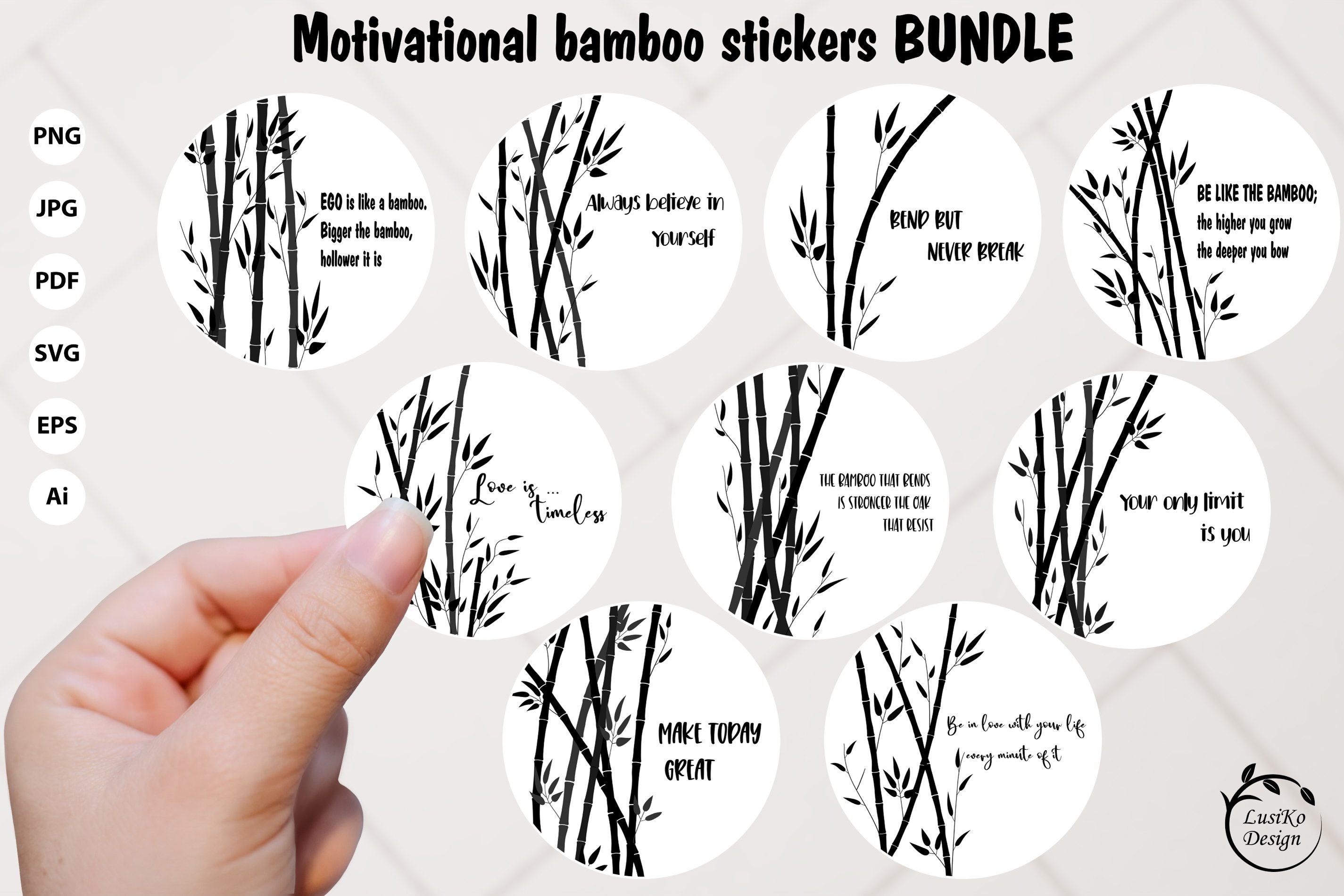 Motivational bamboo stickers. Inspirational quotes bundle