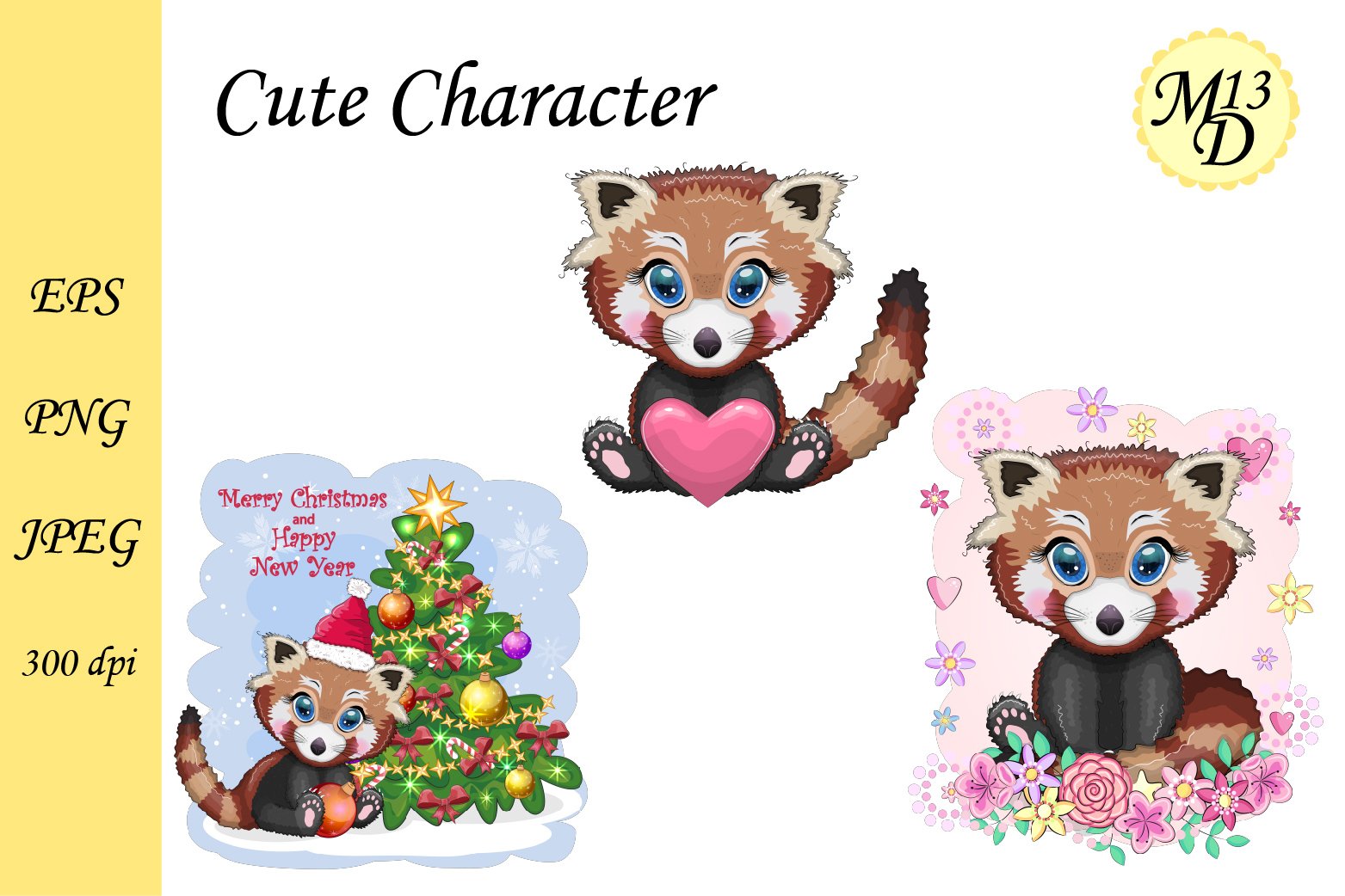 3 Cute Red panda. Christmas, Easter, summer holidays