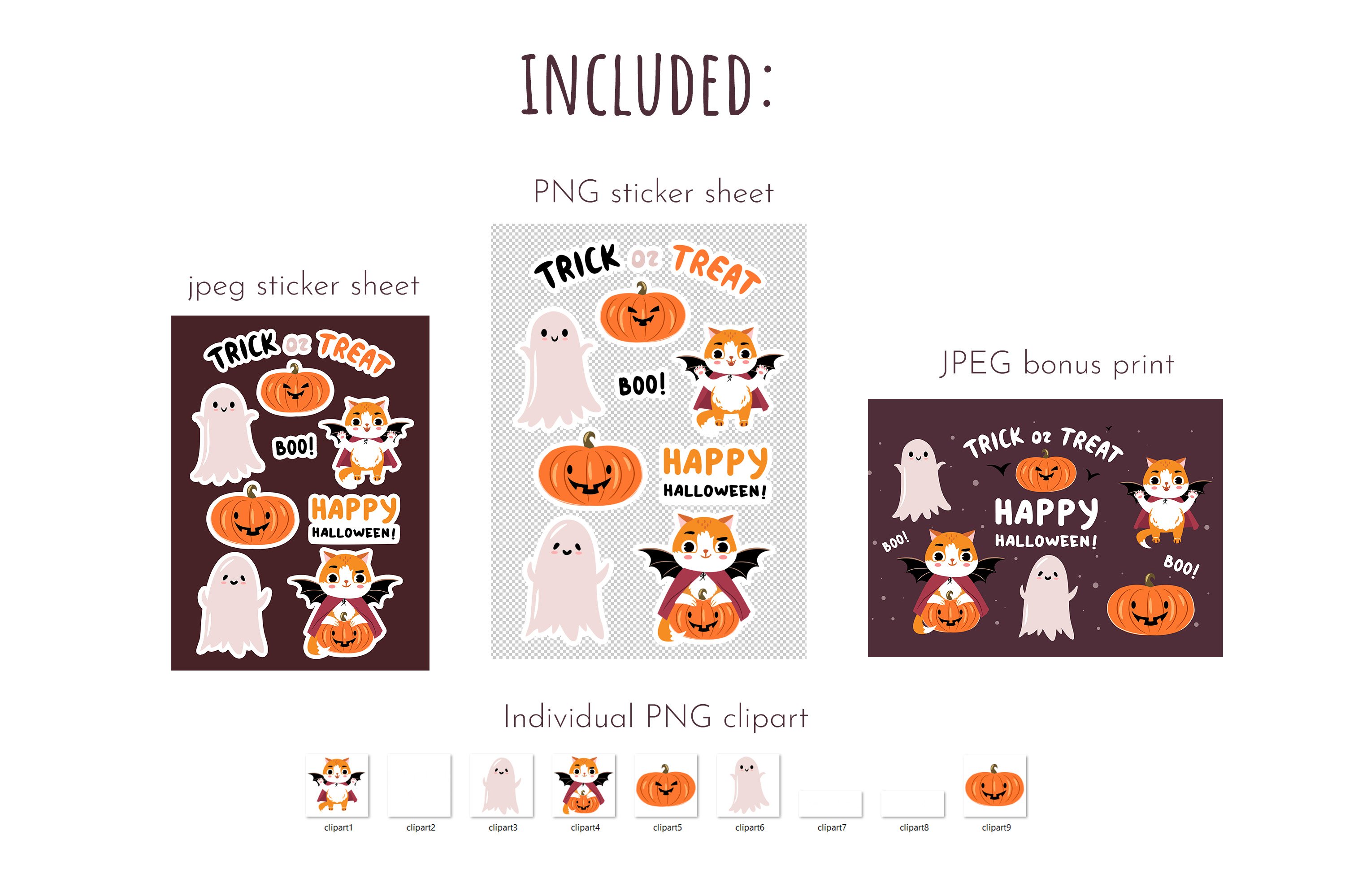 Cute and spooky clipart PNG. Halloween sticker sheet 2