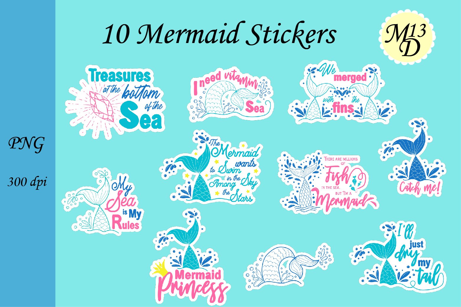 10 Mermaid Lettering Stickers png design
