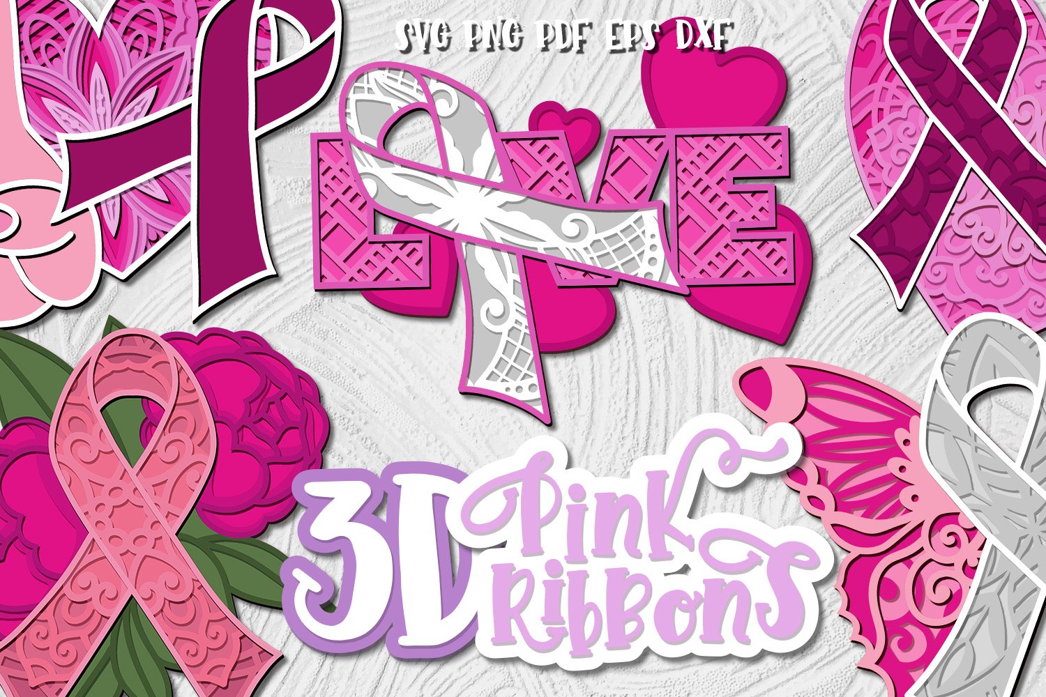 3D Pink Ribbons Layered bundle of 5 designs Breast Cancer
