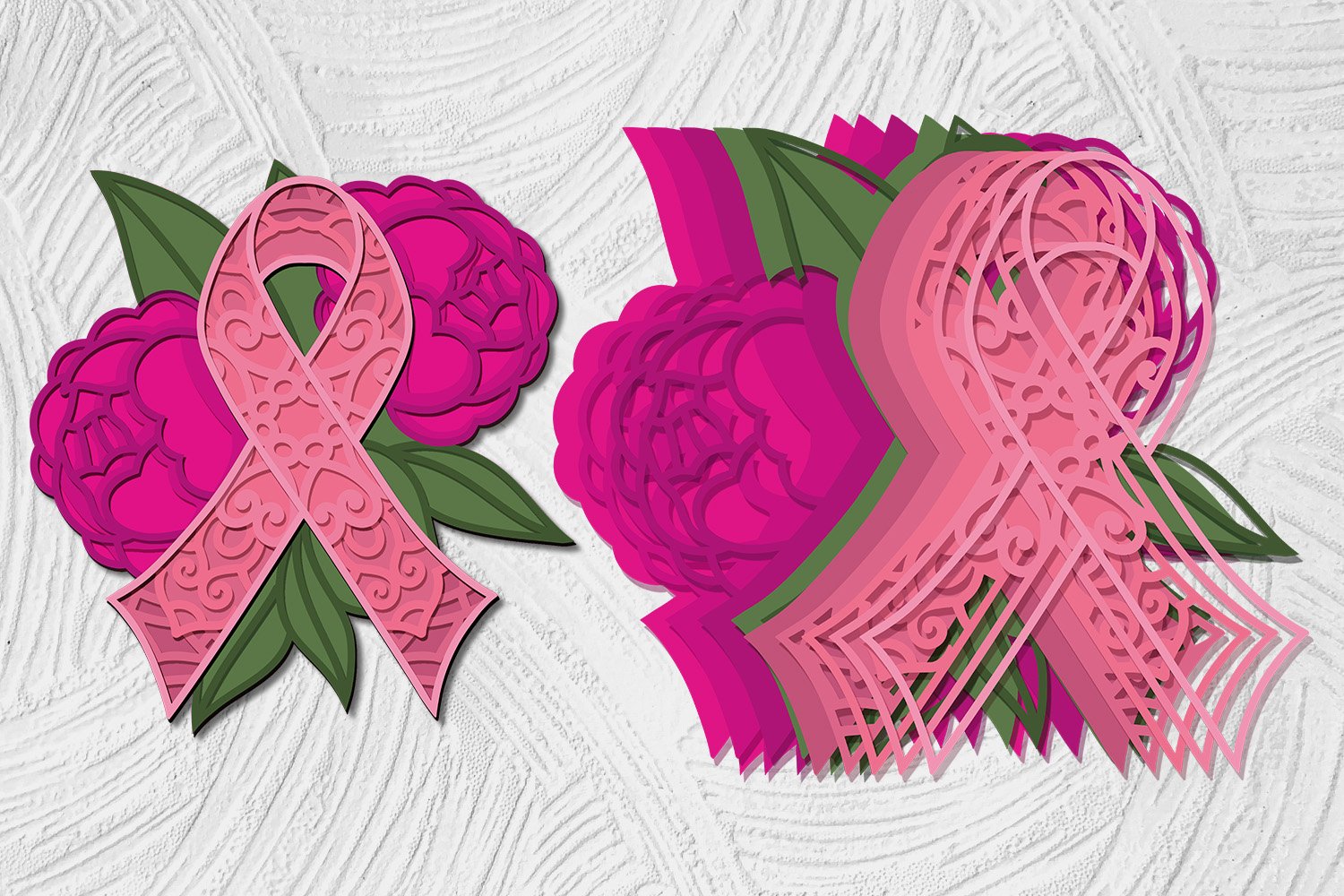 3D Pink Ribbons Layered bundle of 5 designs Breast Cancer 2