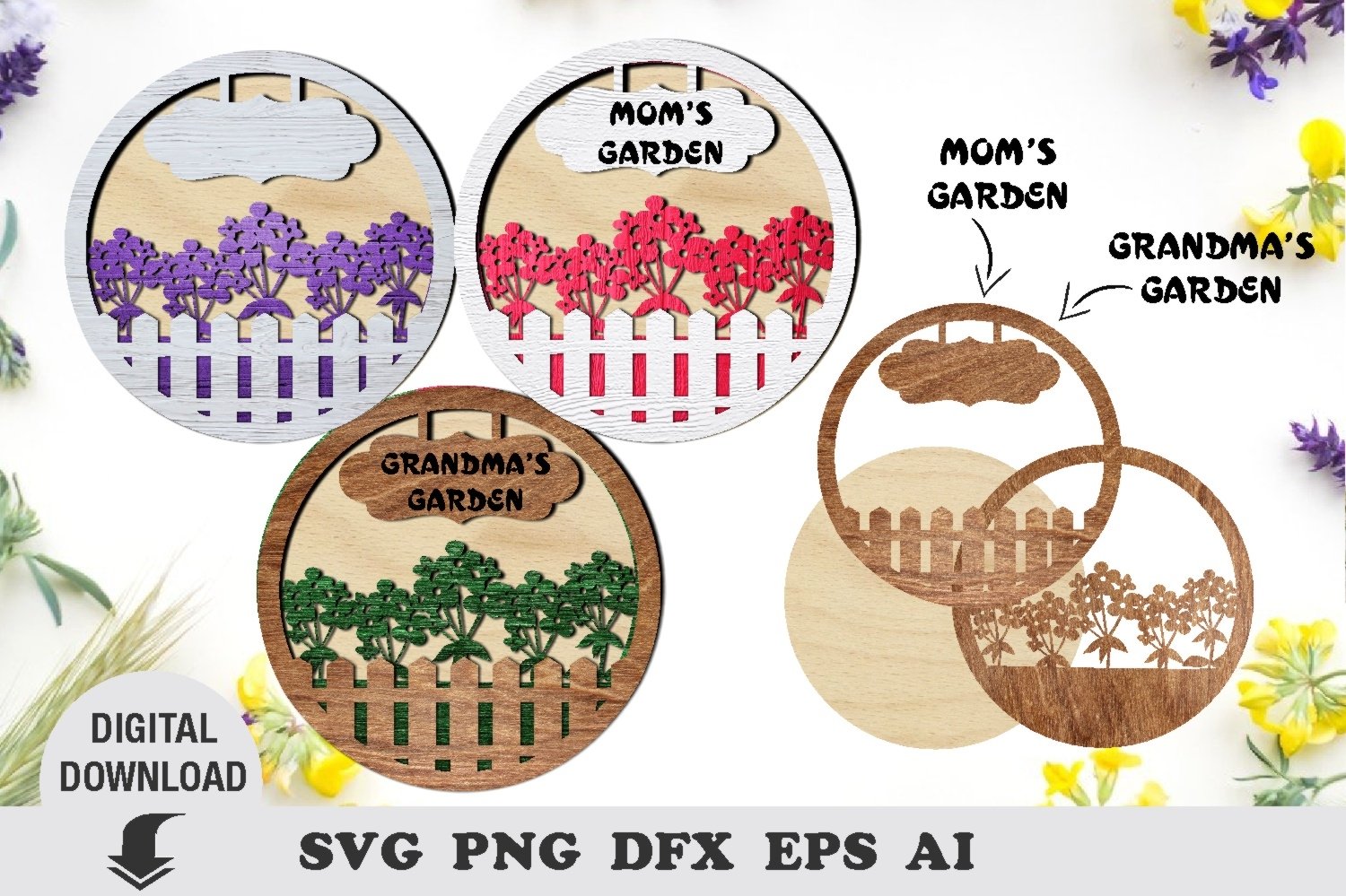 Mothers Day Laser cut file, door hanger, floral signs, Laser