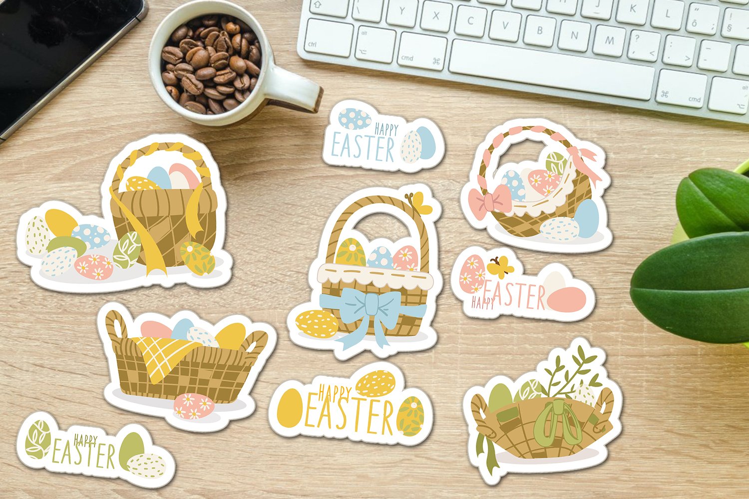 Easter stickers. Baskets and inscriptions with eggs.