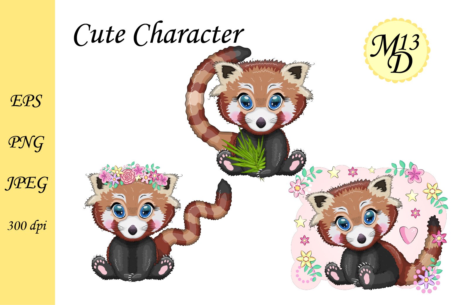 3 Cute Red panda. Christmas, Easter, summer holidays