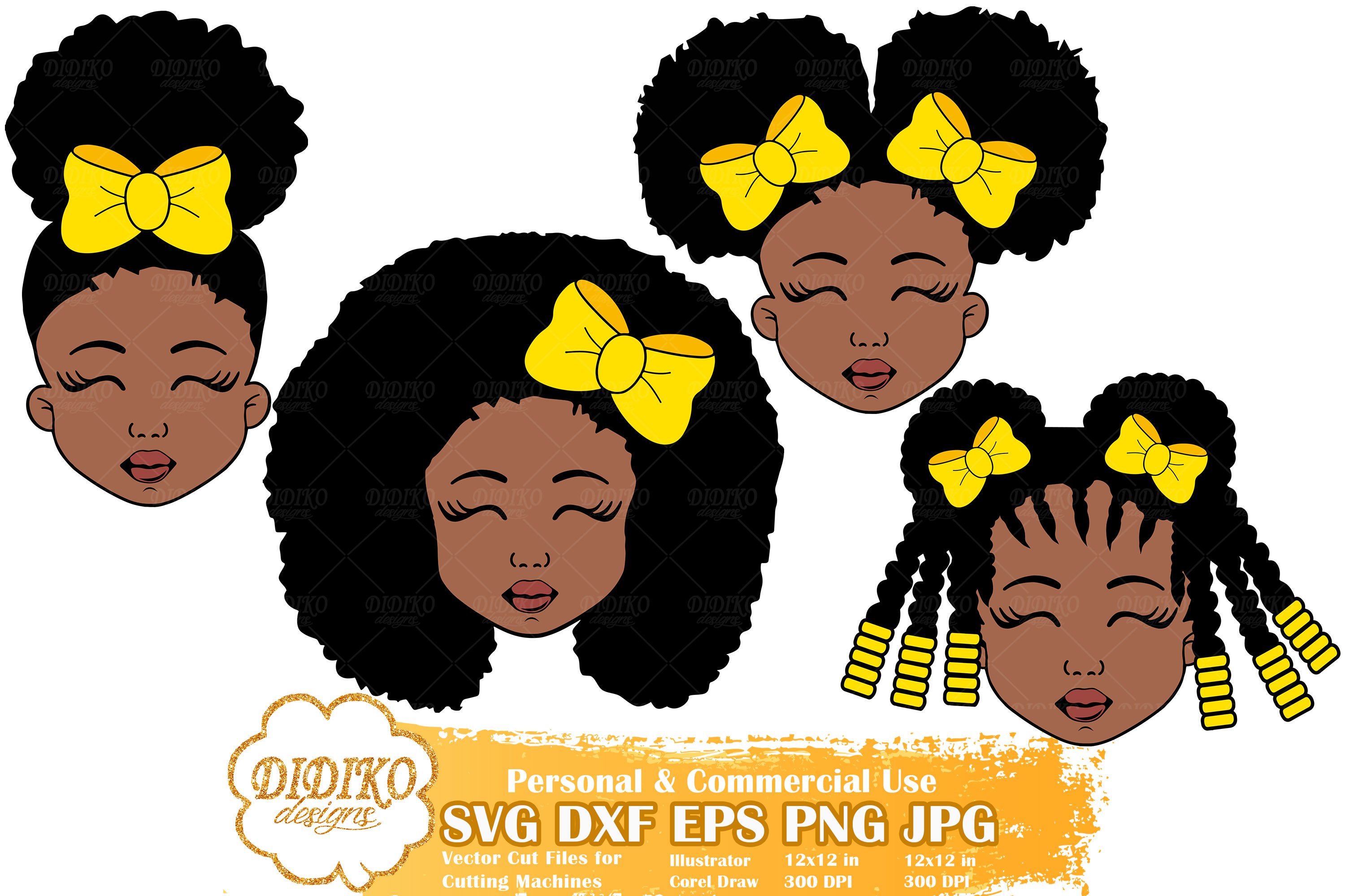 Black Girl Bundle SVG, Afro Girl with Bow Svg, Afro Puff Svg