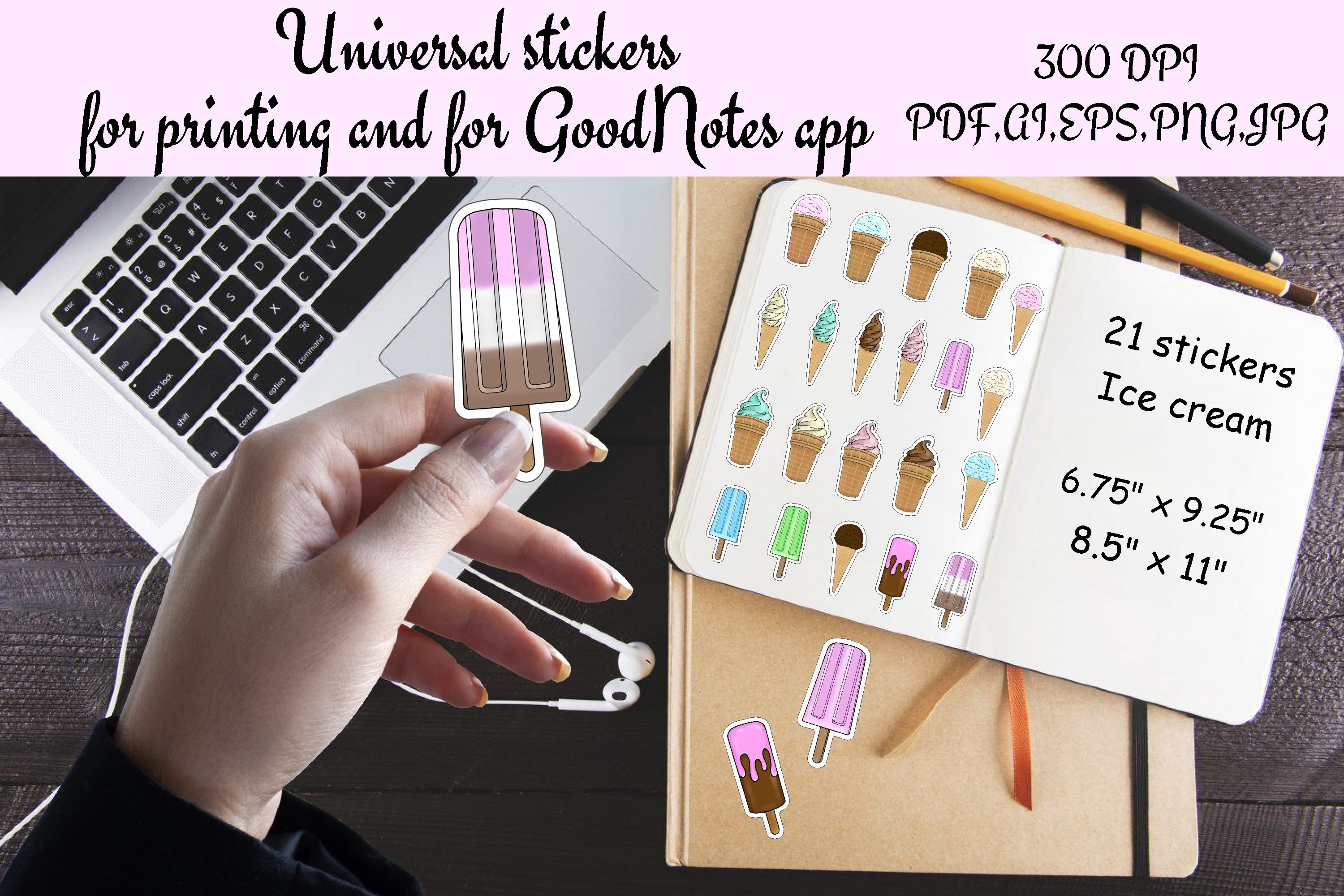 Stickers Print And Cut and GoodNotes,Summer food,Ice cream