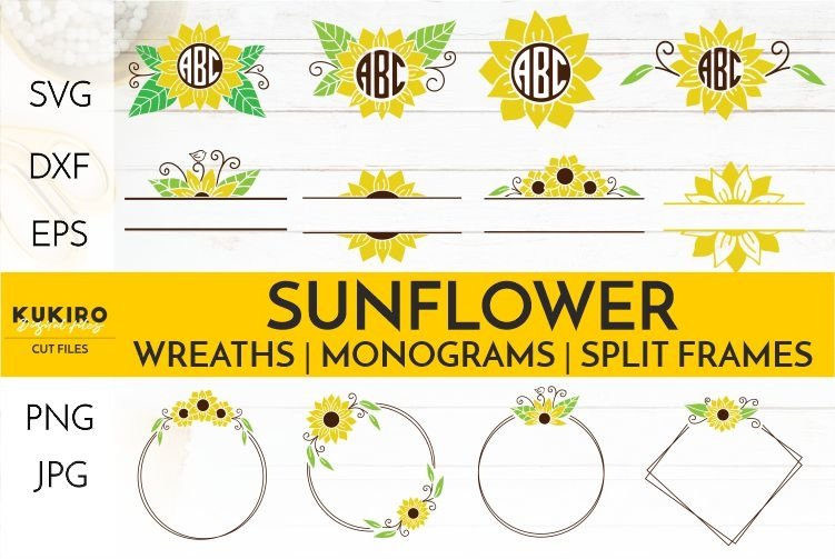 Sunflower Bundle SVG -Sunflower Wreath Monogram Split frame