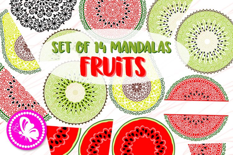Bundle Tropical fruits Mandalas Zentangle watermelon avocado