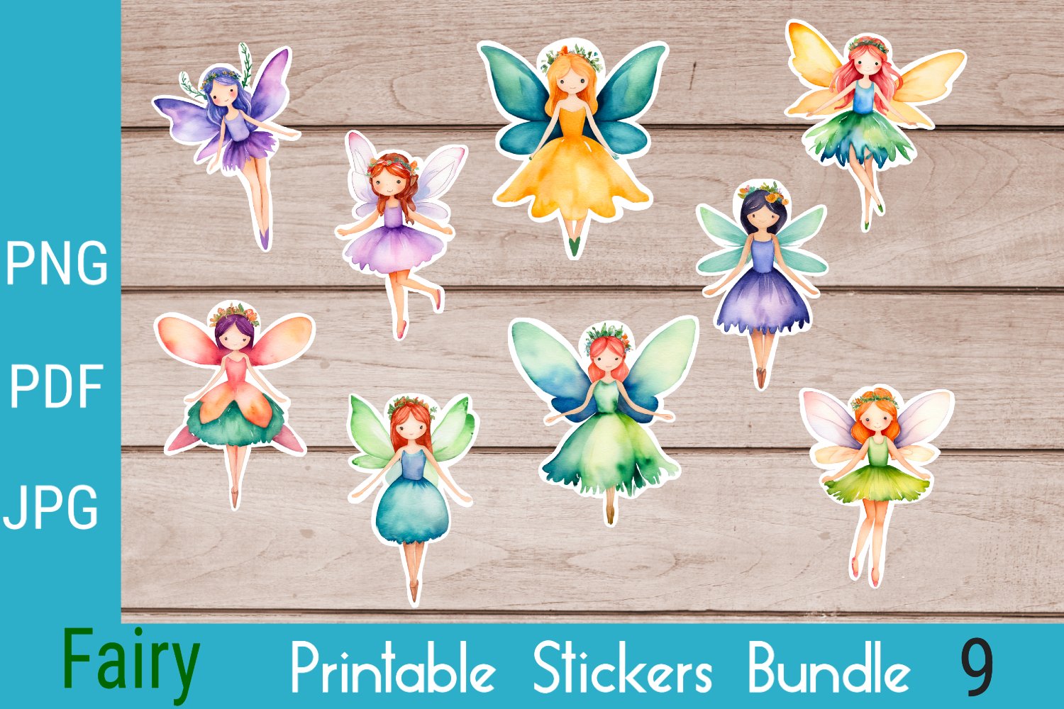 Fairy Stickers Bundle in Watercolor 9 Designs
