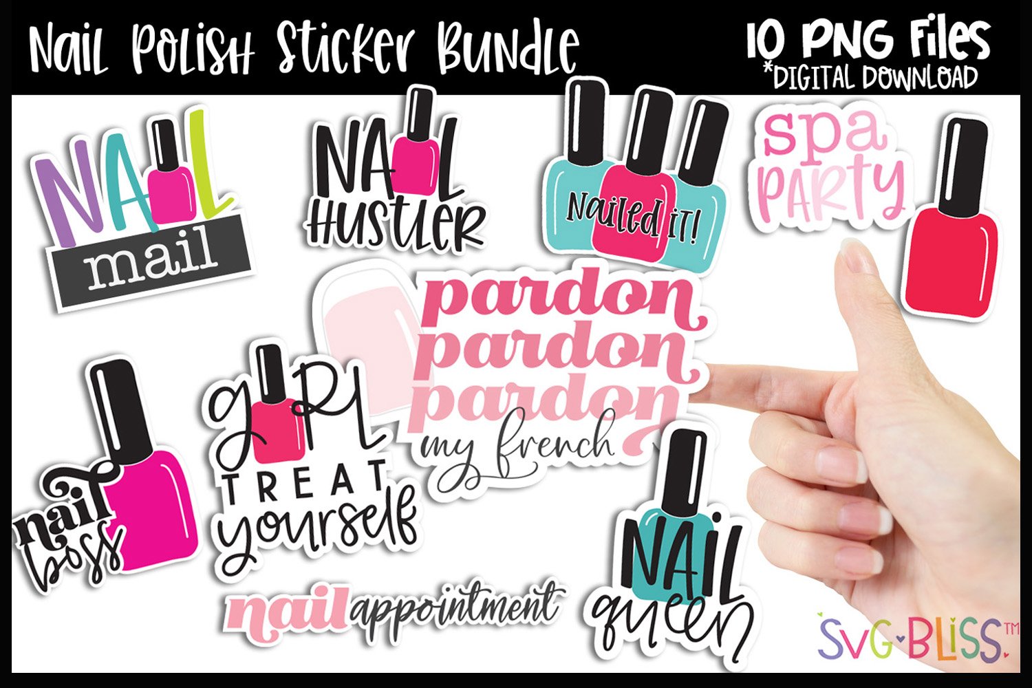 Nail Polish Printable Stickers Bundle- 10 PNG Stickers