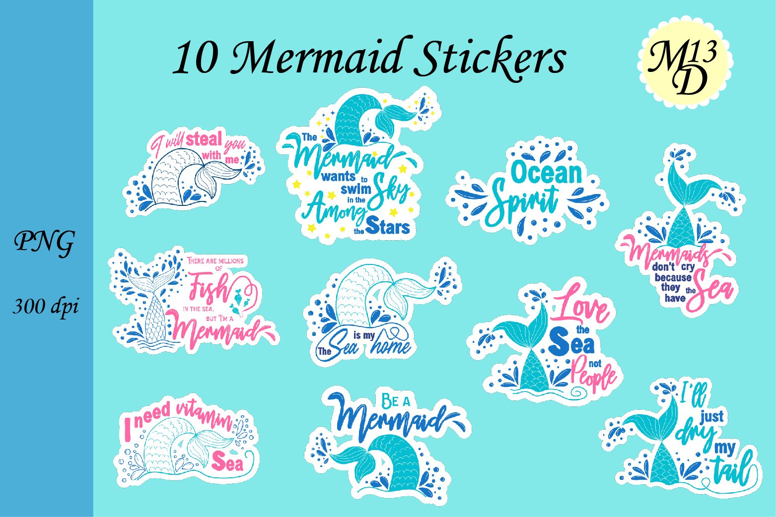 10 Mermaid Lettering Stickers png design