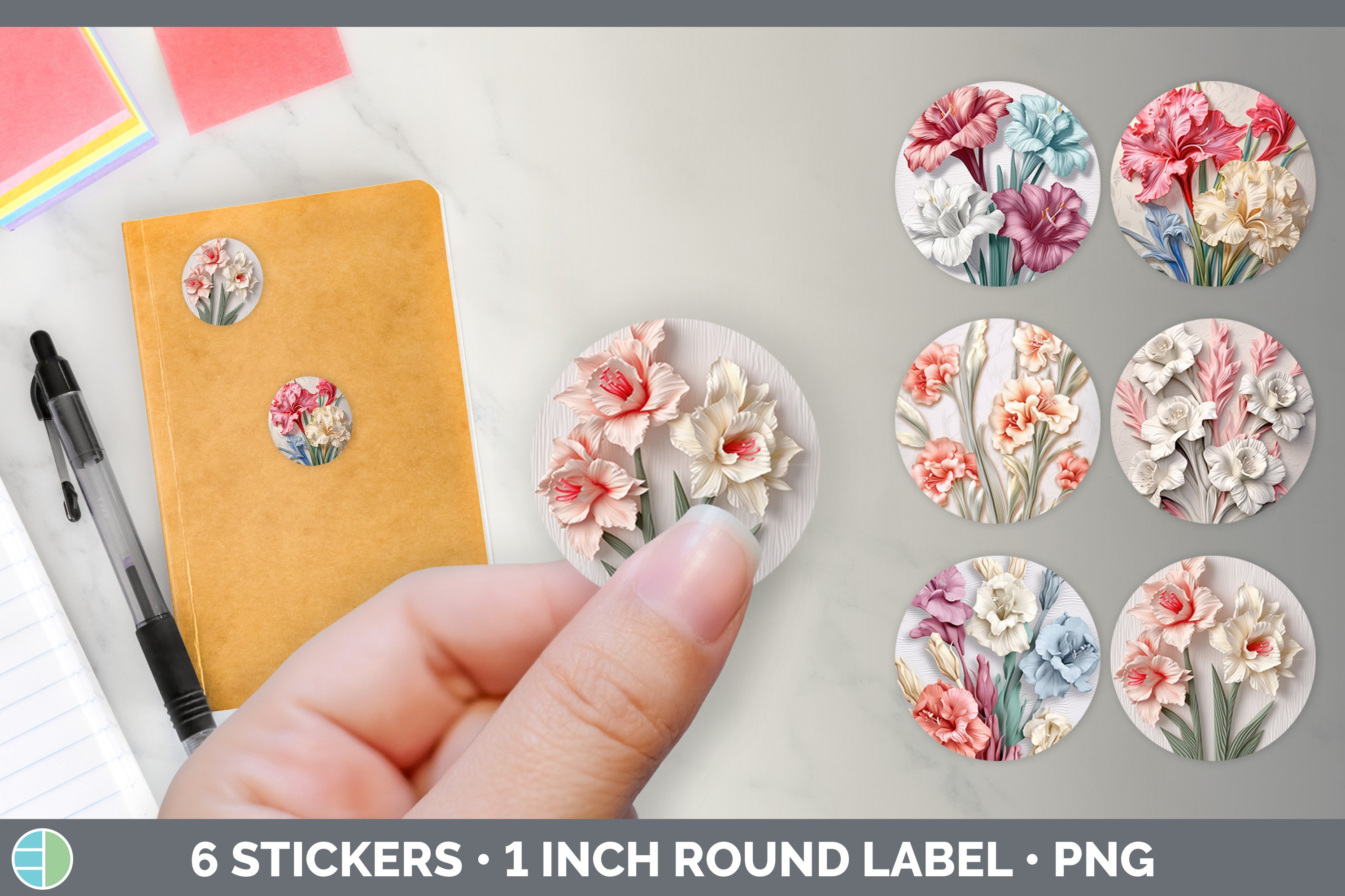 3D Gladiolus Flowers Stickers | Round Labels Designs Bundle