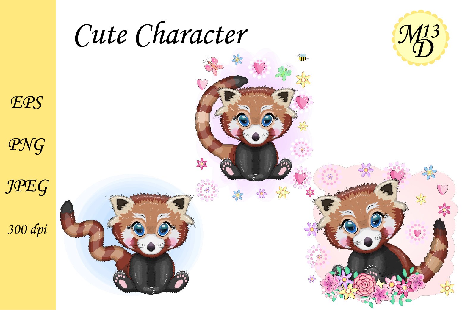 3 Cute Red panda. Christmas, Easter, summer holidays