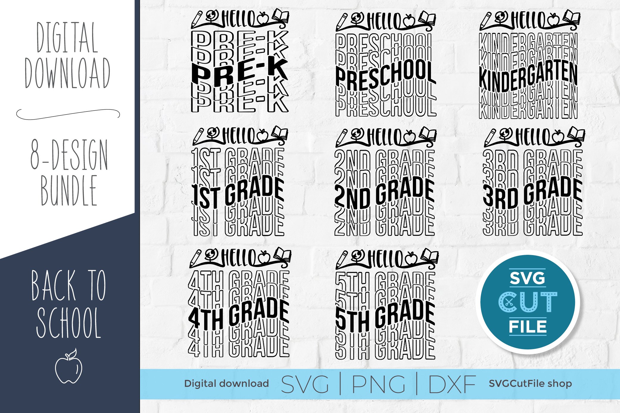 School bundle svg with Pre-K, 1st grade, 2nd grade, 3rd, etc
