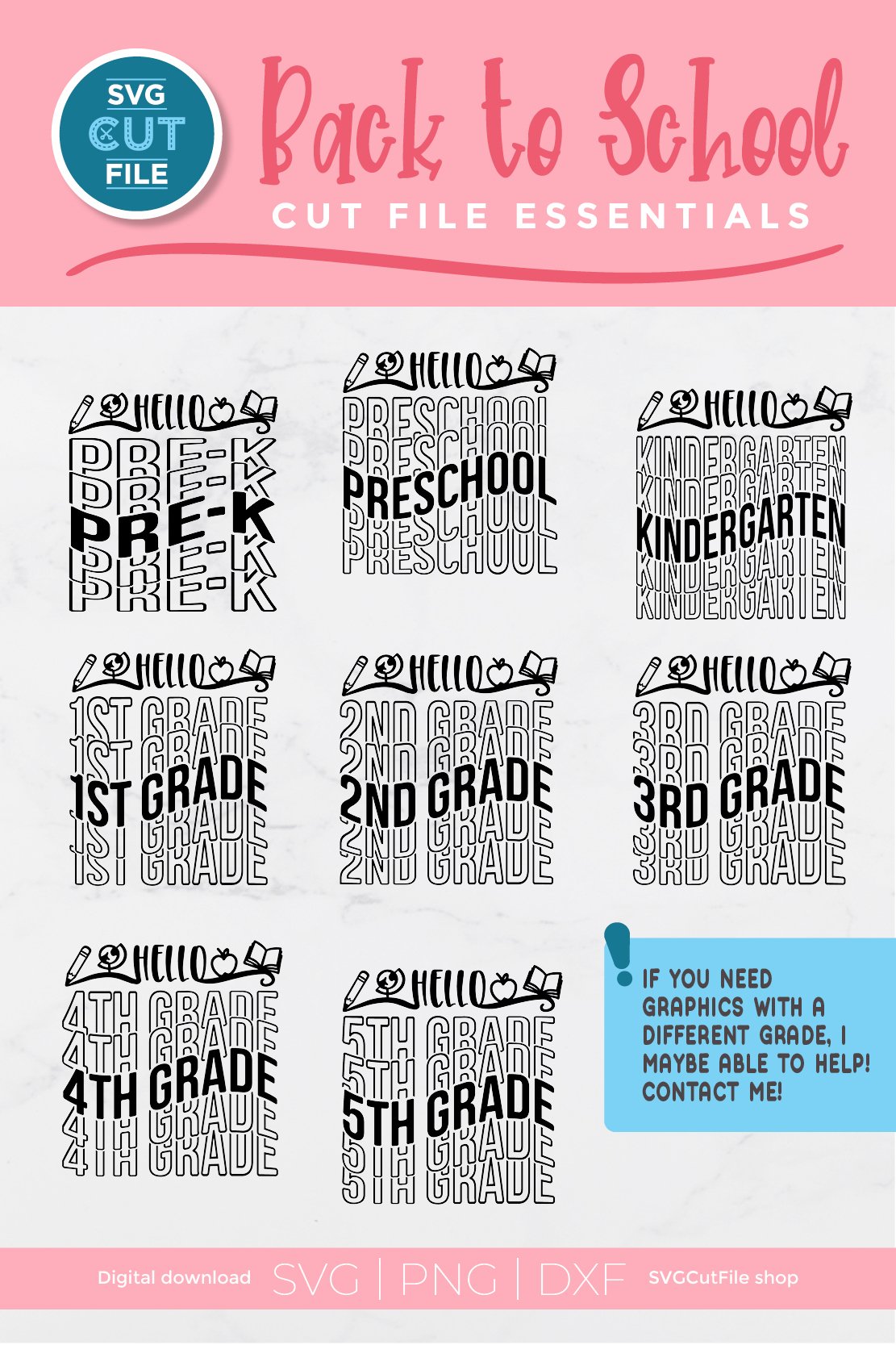 School bundle svg with Pre-K, 1st grade, 2nd grade, 3rd, etc 2
