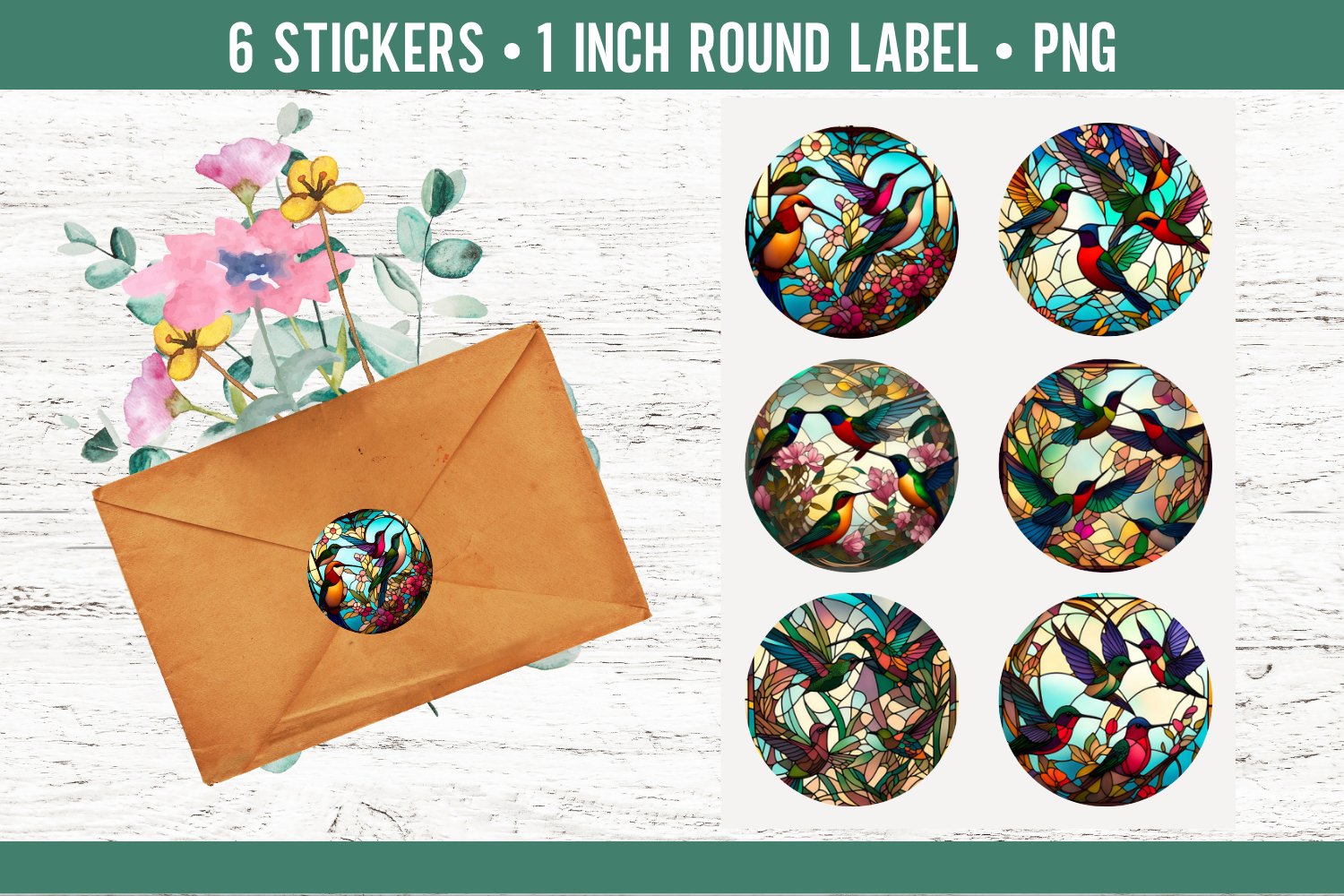 Hummingbird Stained Glass Stickers | Round Labels Design PNG