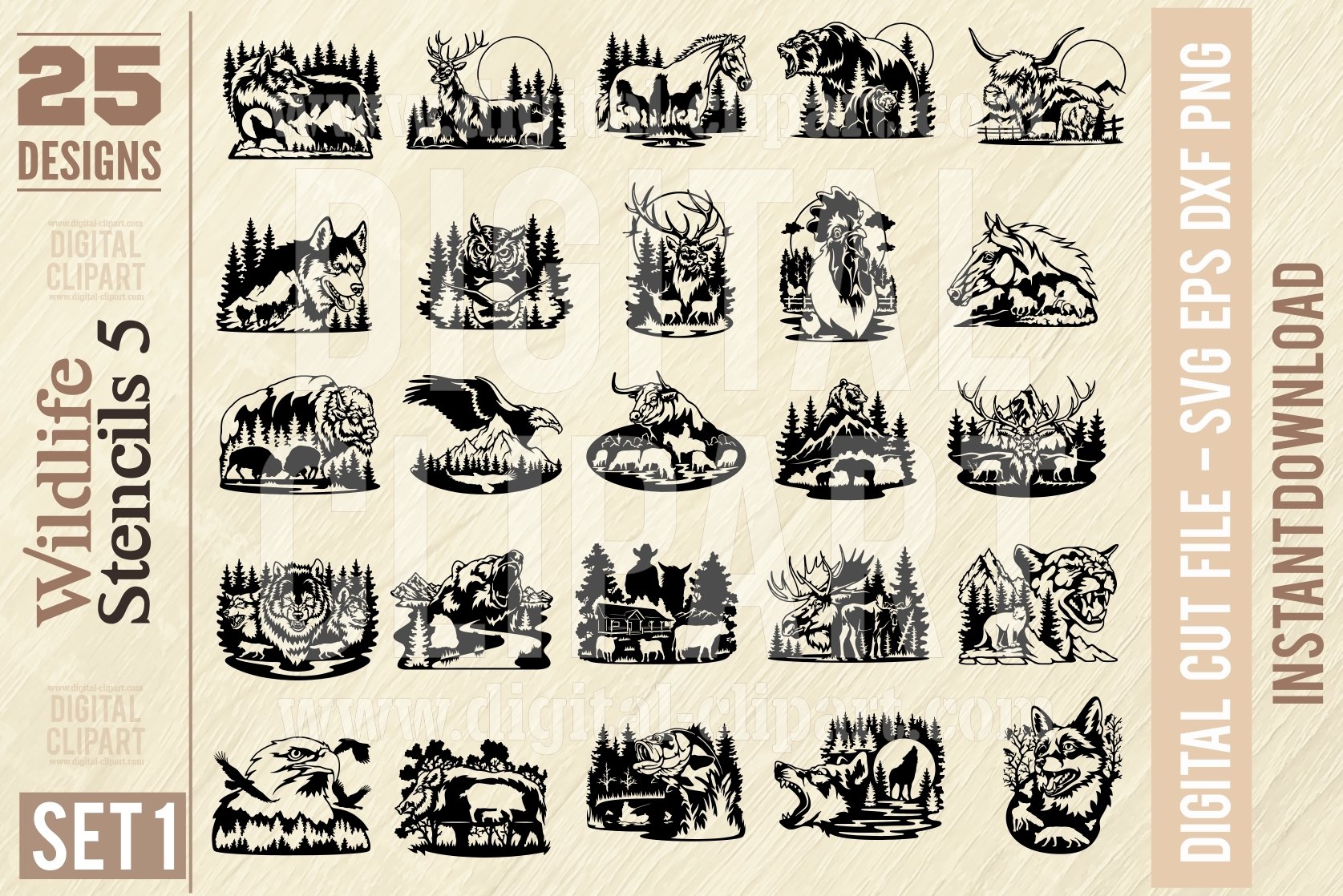 Wildlife Stencils SVG - BUNDLE 25 Designs Set 1 2