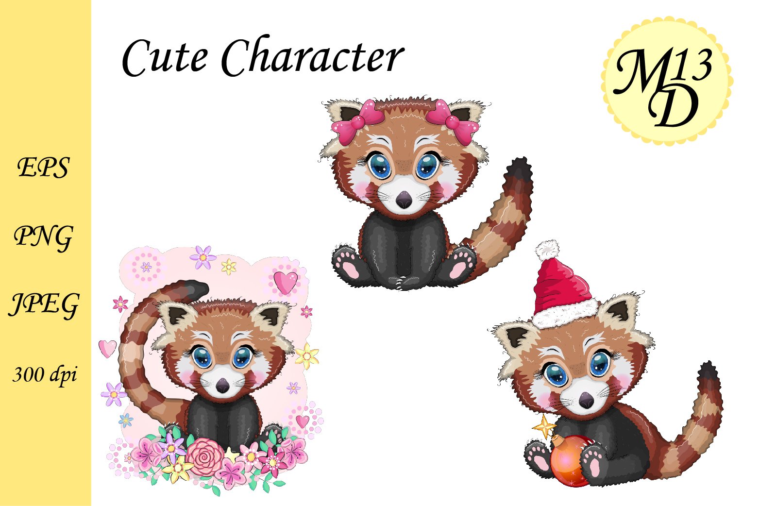 3 Cute Red panda. Christmas, Easter, summer holidays