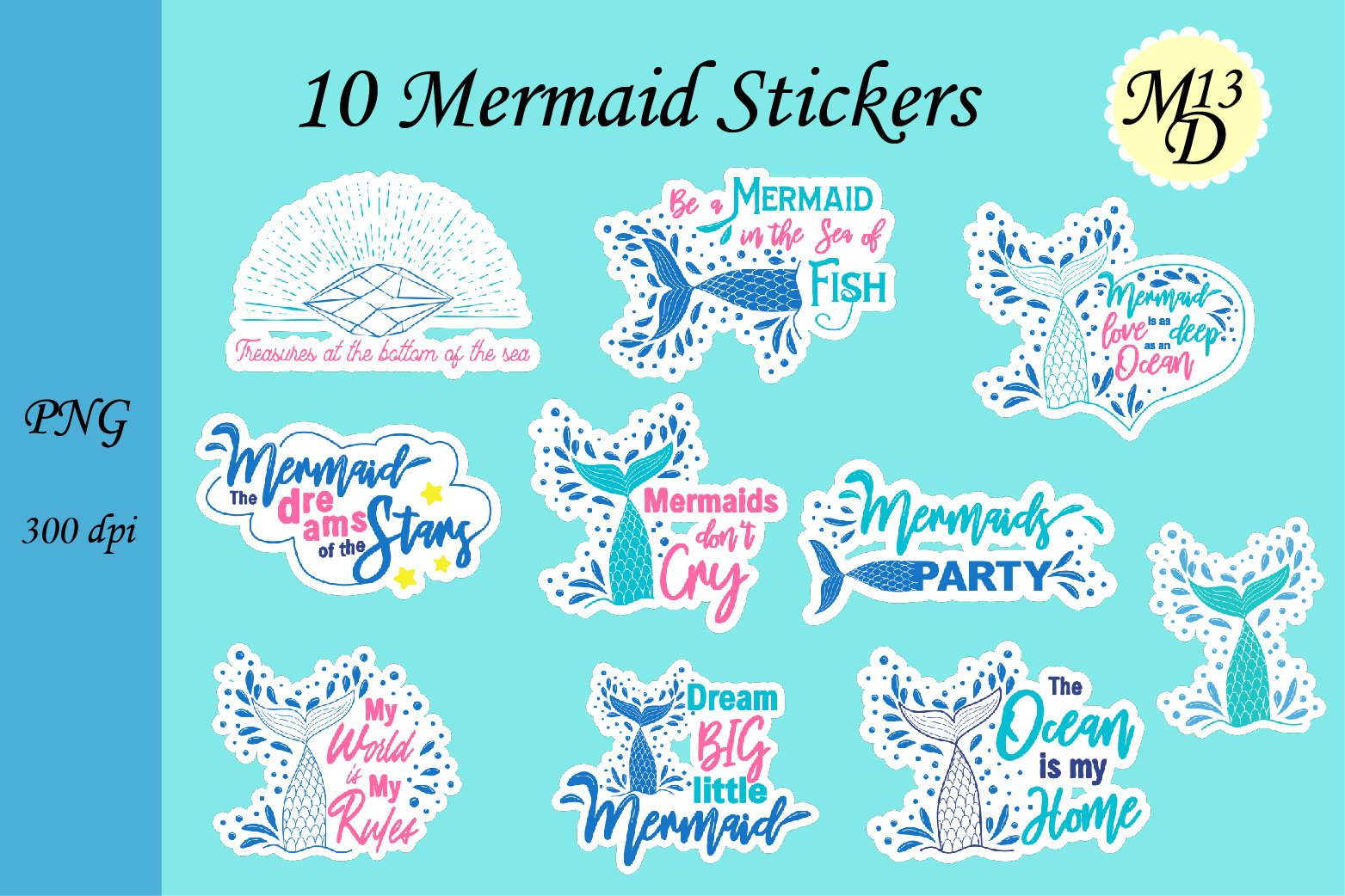 10 Mermaid Lettering Stickers png design