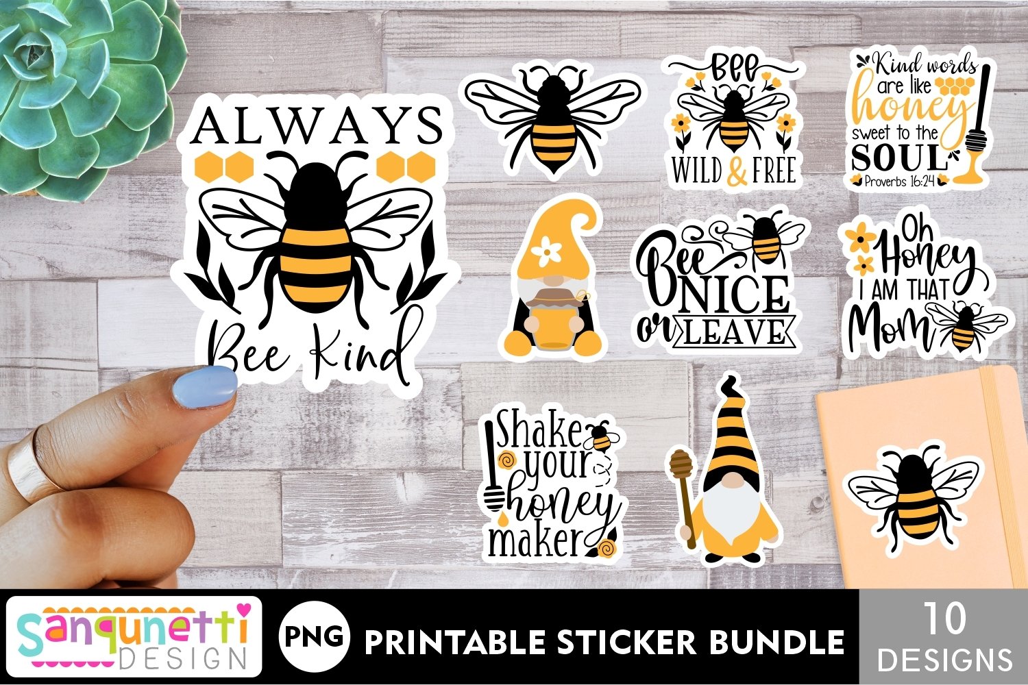 Bees sticker printable bundle - 10 PNG designs
