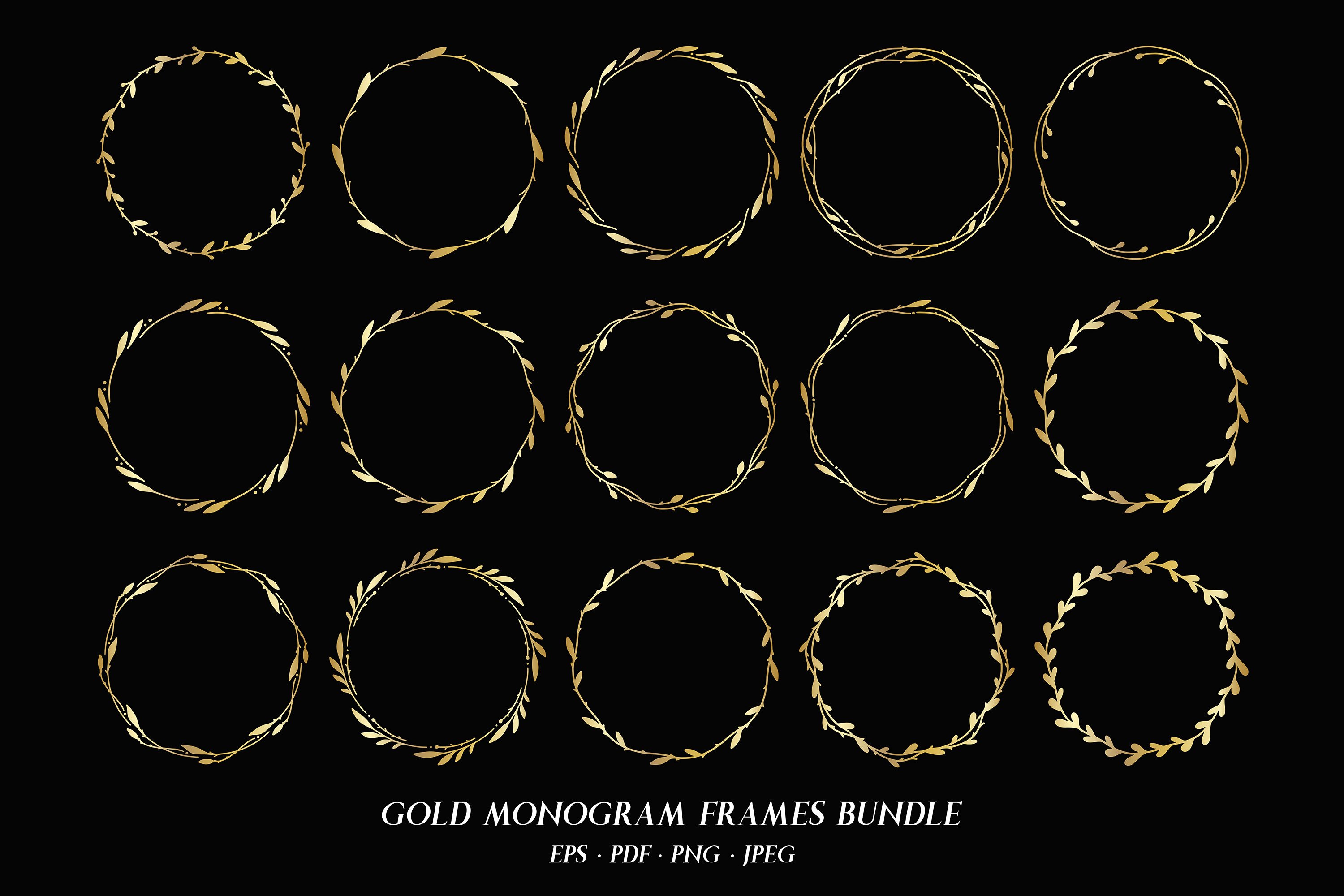 Gold monogram frames bundle. Round signs collection PNG.