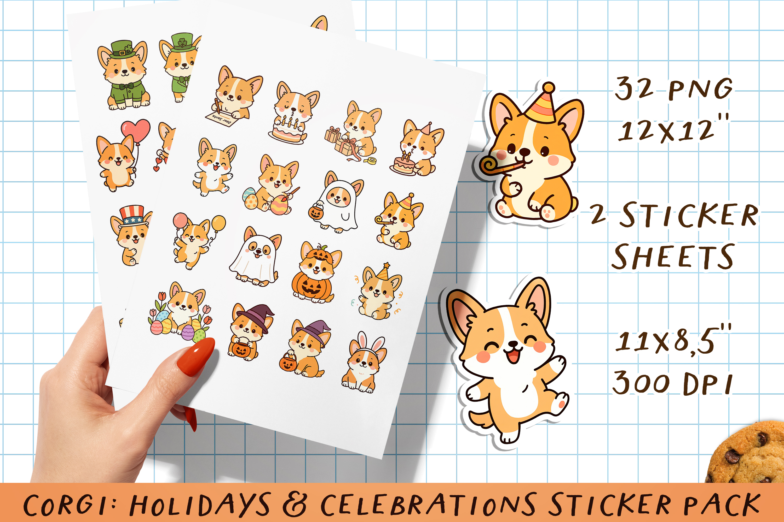 Corgi Holidays Celebrations Printable Sticker Pack. PNG.