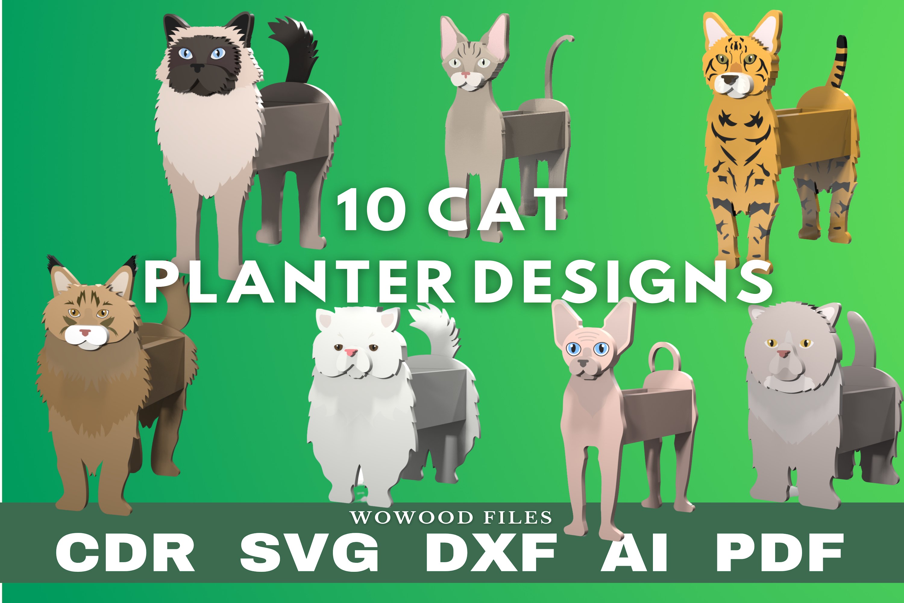 10 cats flower planter pattern, bundle cats wood pot garden