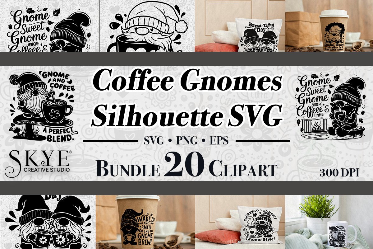 Whimsical Coffee Gnome Silhouette Illustration SVG Bundle