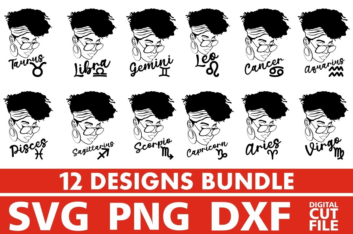 12x Zodiac Sign Designs Bundle svg, Afro svg, Horoscope svg