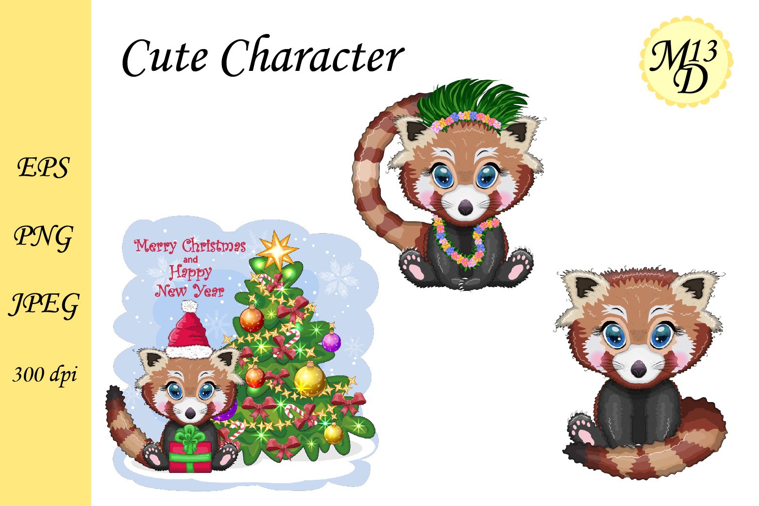 3 Cute Red panda. Christmas, Easter, summer holidays
