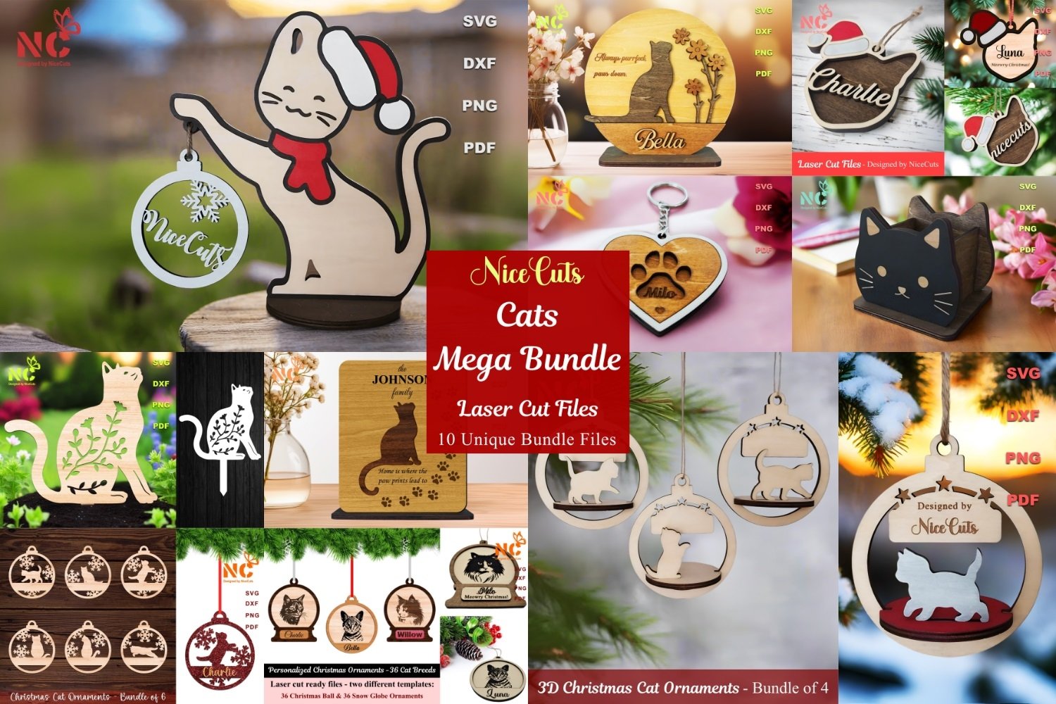 Cat Christmas Mega Bundle SVG - 10 Custom Laser Cut Files