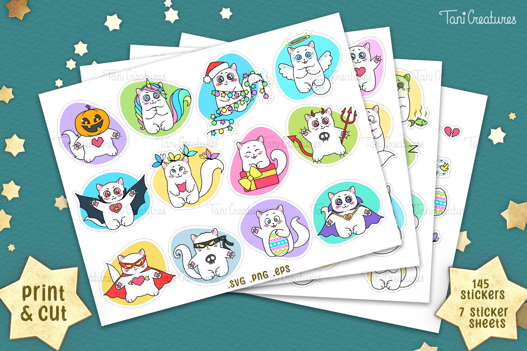 Kawaii Cats Stickers | Printable Sticker Sheets for Cricut