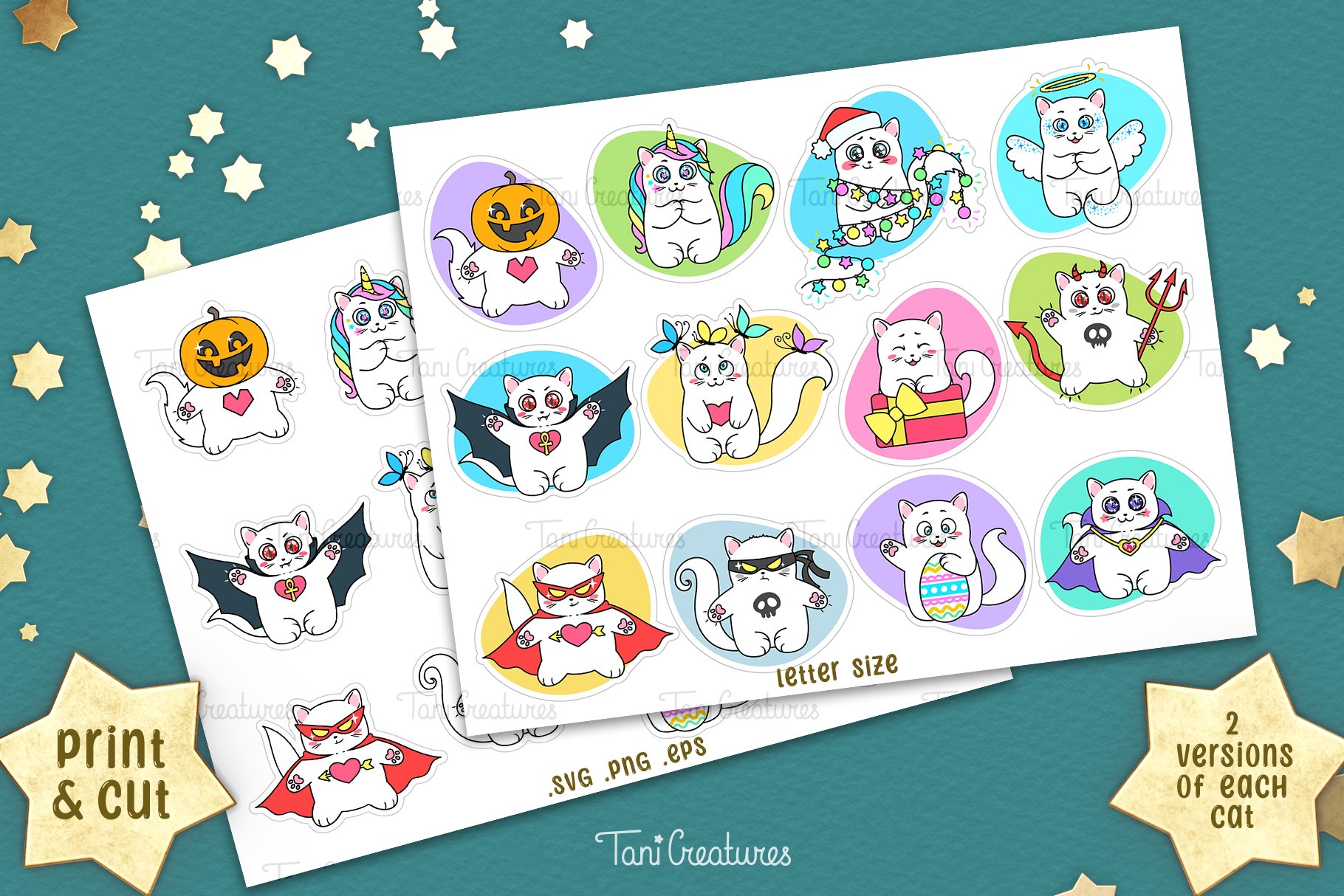 Kawaii Cats Stickers | Printable Sticker Sheets for Cricut 2