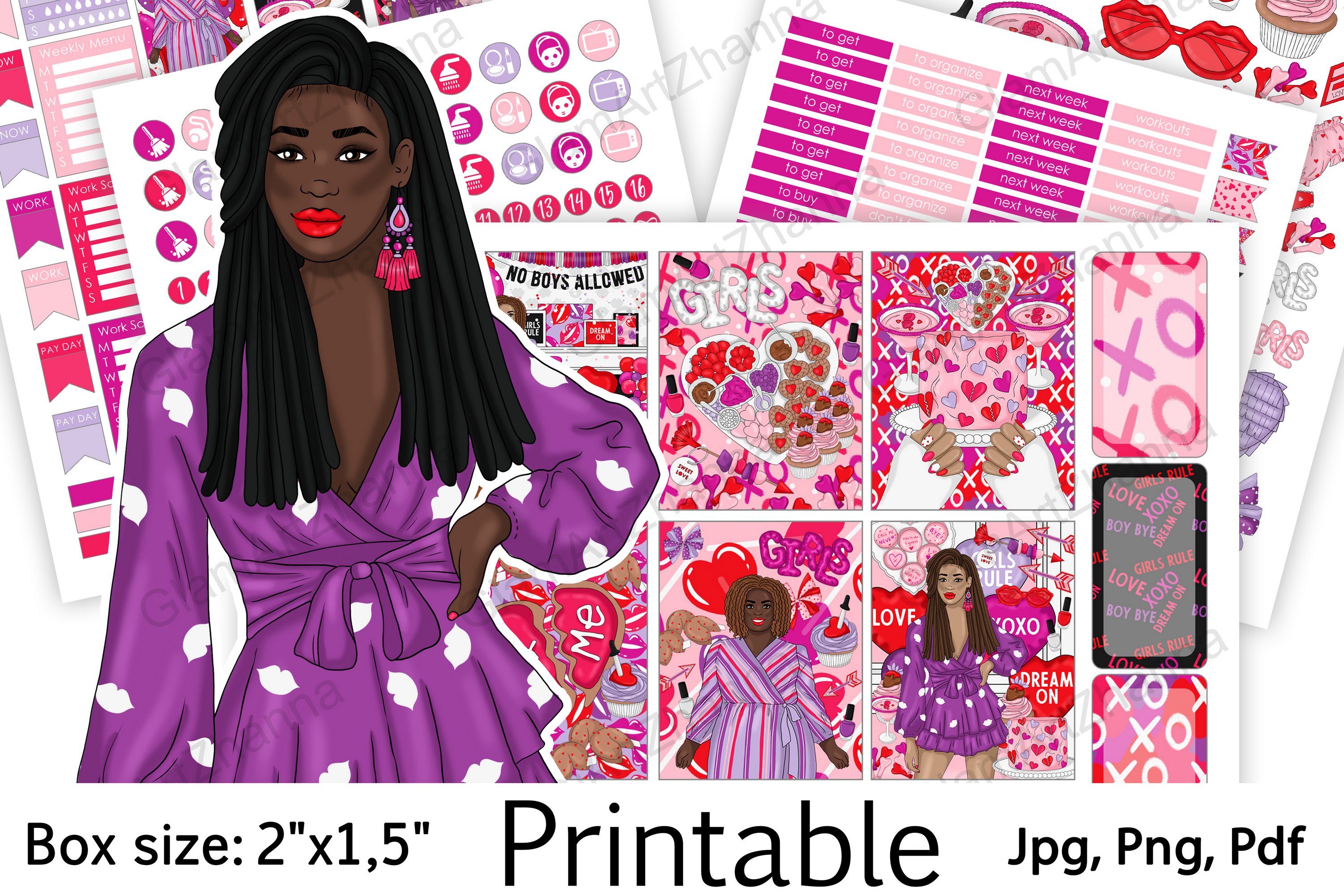 Galentines Day African American Stickers Box Size 2"x1,5"