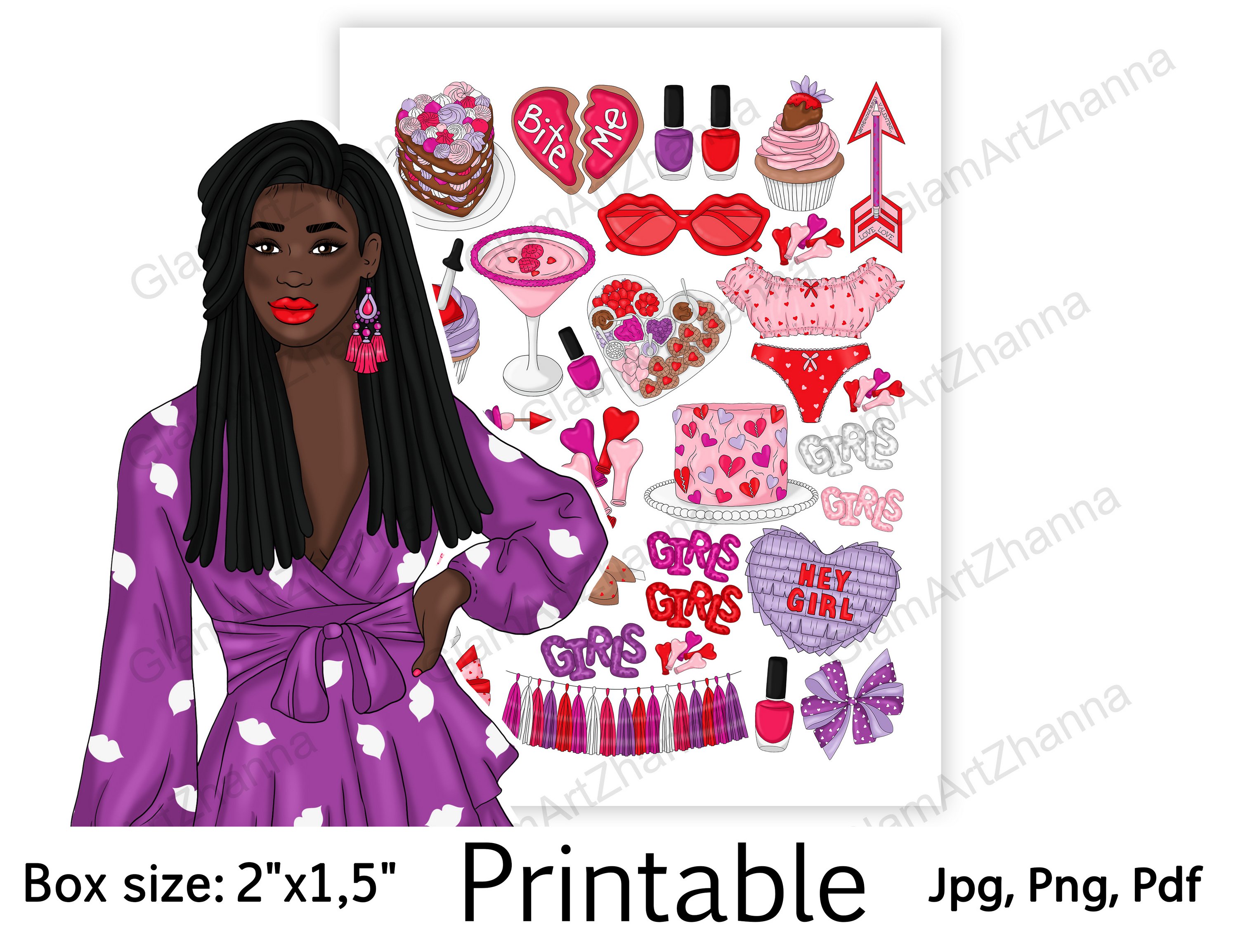 Galentines Day African American Stickers Box Size 2"x1,5" 3