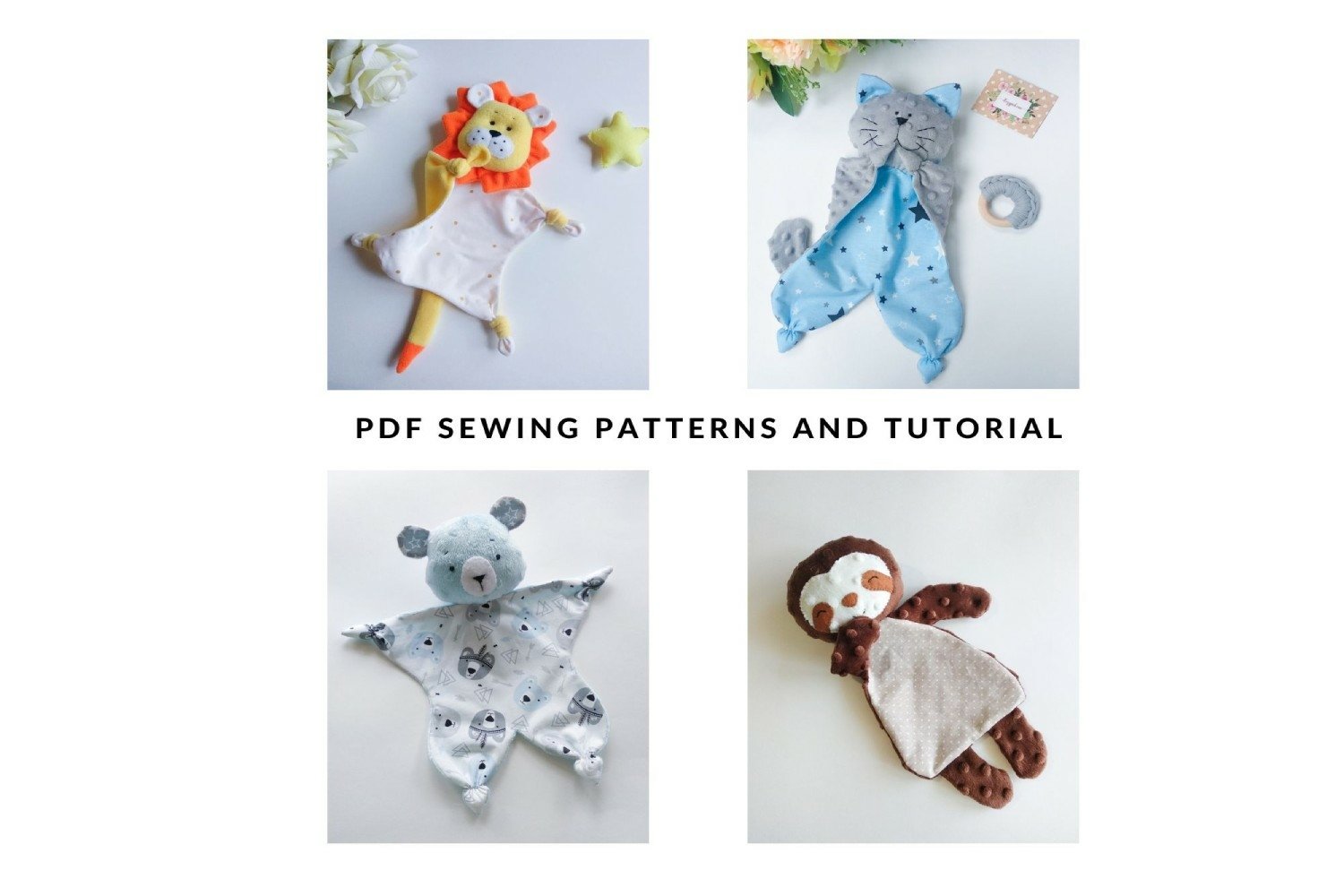 Set of 4 sewing patterns: Cat, Lion,Bear and Sloth
